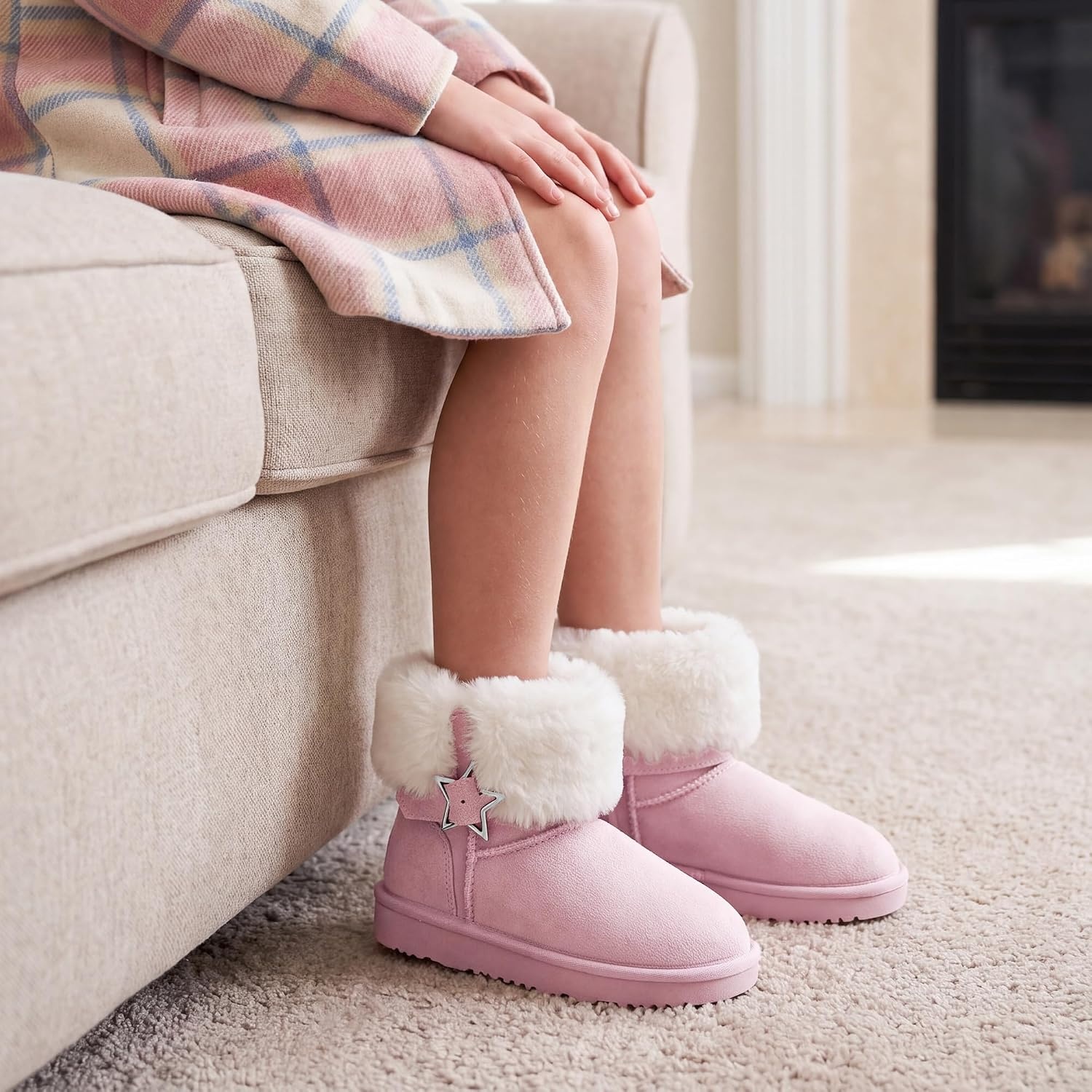 Stelle Girls Winter Boots Faux Fur Lined Fold-Down Collar | Faux Suede Upper,Non-Slip TPR Outsole,Pull-On,Lightweight,Cozy Snow Boots for Toddler,Little Kid & Big Kid(Pink)