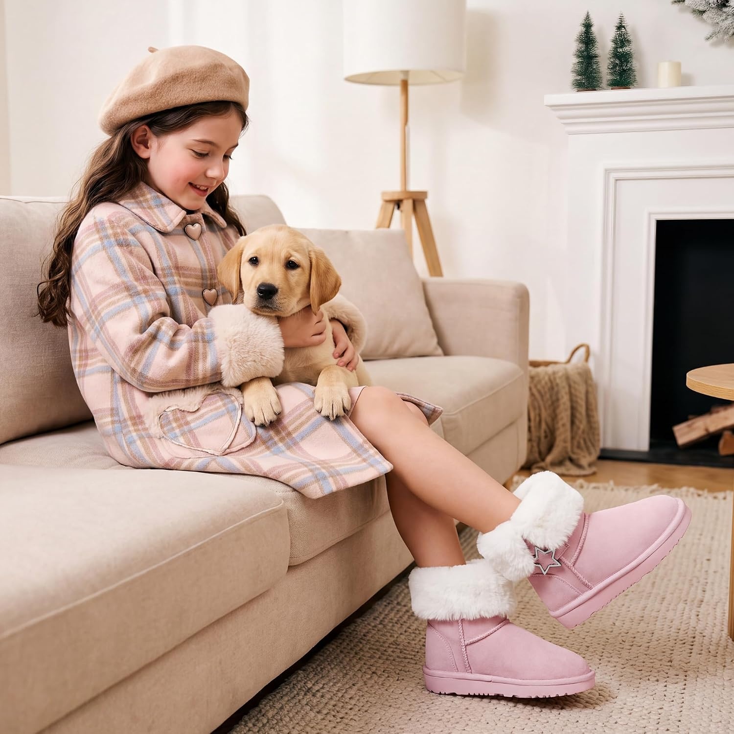 Stelle Girls Winter Boots Faux Fur Lined Fold-Down Collar | Faux Suede Upper,Non-Slip TPR Outsole,Pull-On,Lightweight,Cozy Snow Boots for Toddler,Little Kid & Big Kid(Pink)