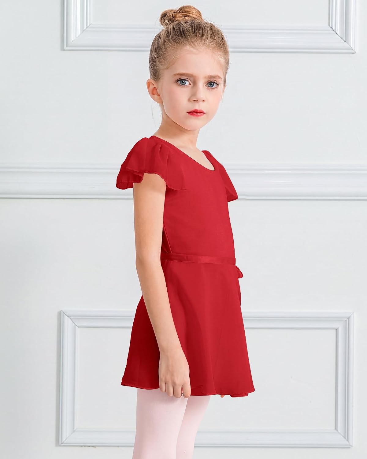 Stelle Girls Ballet Leotards Toddler Dance Combo with Skirt and Tights(3-red (Ruffle Sleeve))