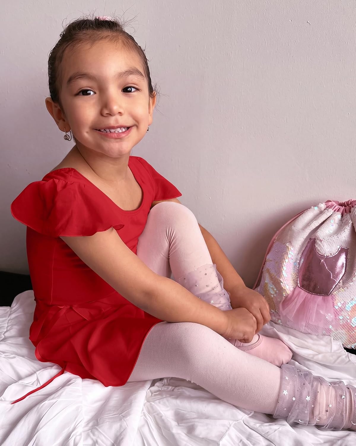 Stelle Girls Ballet Leotards Toddler Dance Combo with Skirt and Tights(3-red (Ruffle Sleeve))