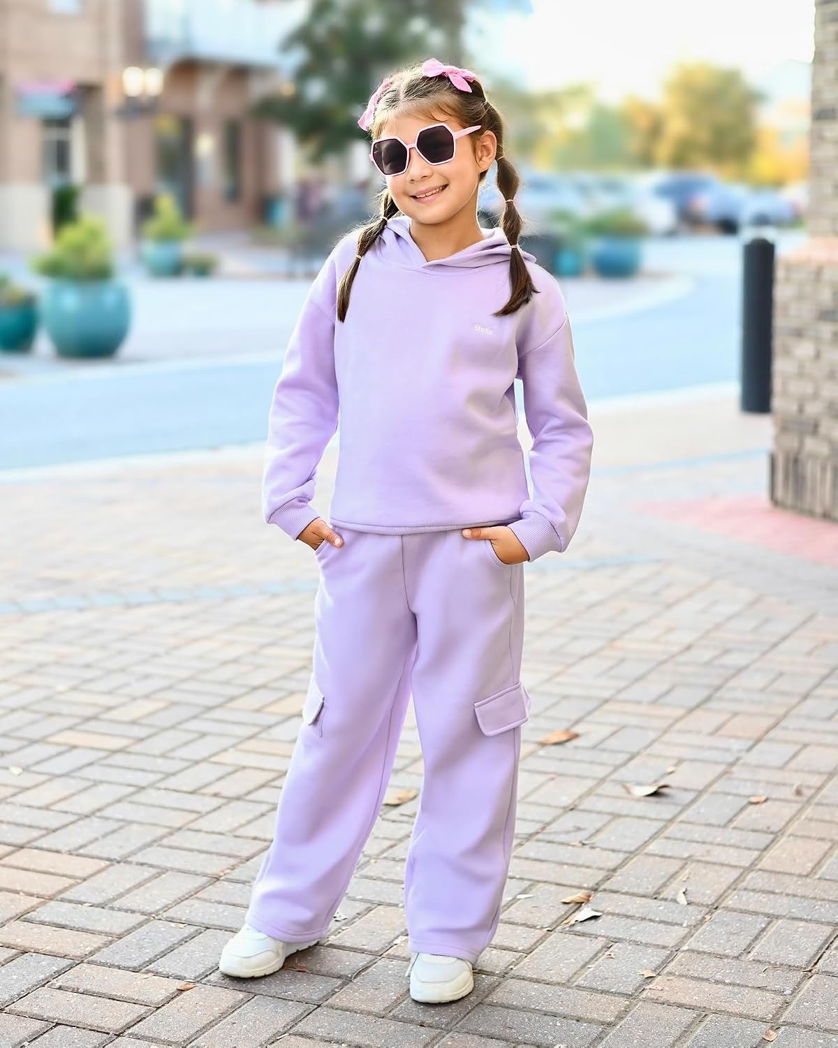 Stelle Girls 2 Pieces Sweatsuit Hoodies Sweatpants Sets 5-15Y | Fleece Lining,Warm Cozy,Solid Color,Easy Matching,Sweatpants with Pockets,Pullover Sweatshirt with Hood,Wide Leg Sweatpant(Lavender)