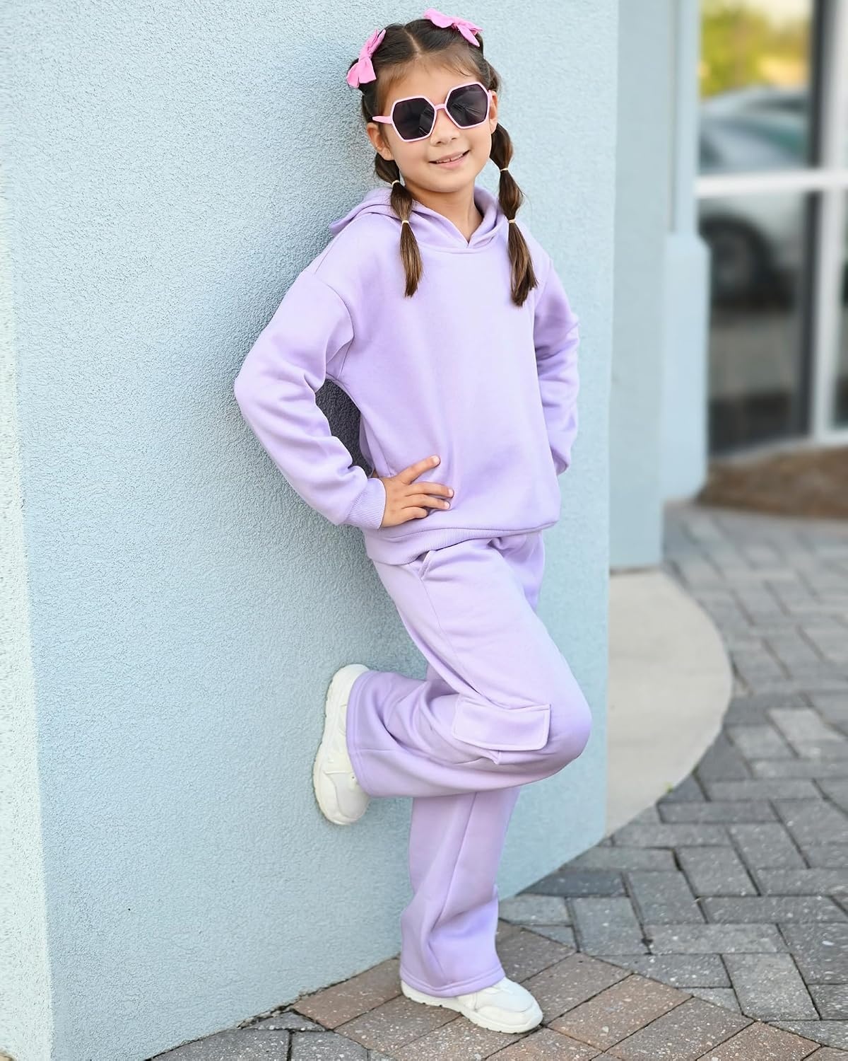 Stelle Girls 2 Pieces Sweatsuit Hoodies Sweatpants Sets 5-15Y | Fleece Lining,Warm Cozy,Solid Color,Easy Matching,Sweatpants with Pockets,Pullover Sweatshirt with Hood,Wide Leg Sweatpant(Lavender)