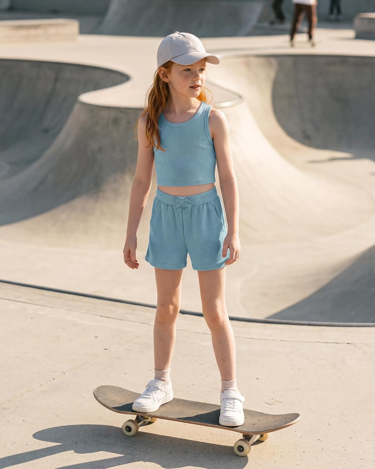 Stelle Girls 2 Piece Outfits Tank Top and Shorts with Pockets 5-15 Years | Girls Ribbed Crop Tops,Scoop Neck,Sleeveless shirts,Elastic Waist Shorts,Bow Waist,Side Pockets(Steel Blue)