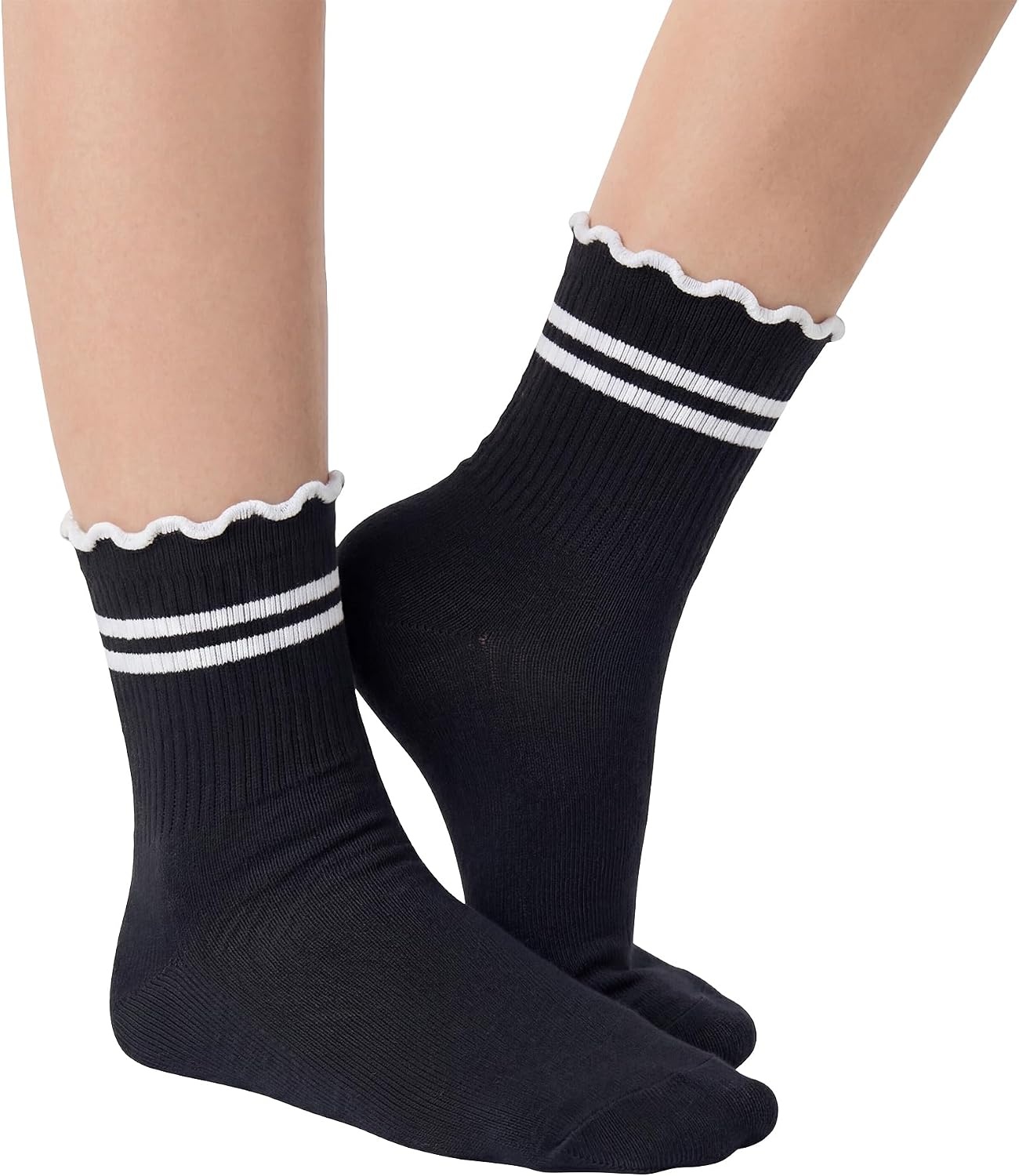 Stelle Girls Socks Cotton Ruffle Athletic Ankle Sock 3/4/5 Pairs for Kids | Sporty Stripes, Activewear Sock, Breathable Comfort, Soft, Sweet Frilly Trim, Stretchy Ribbed, Big Girl, Toddler, 3-18 Years(3 Black Stripes+2 Black)