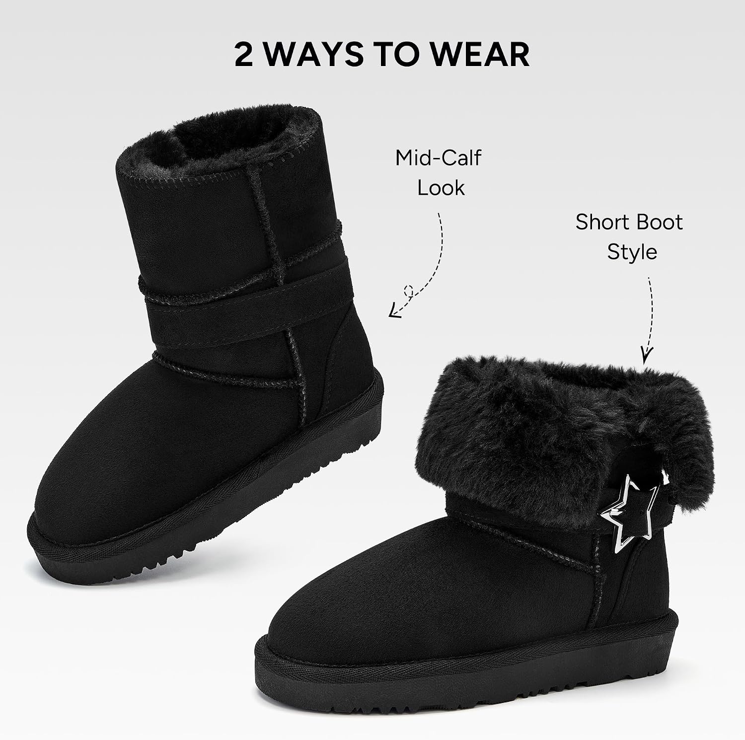 Stelle Girls Winter Boots Faux Fur Lined Fold-Down Collar | Faux Suede Upper,Non-Slip TPR Outsole,Pull-On,Lightweight,Cozy Snow Boots for Toddler,Little Kid & Big Kid(Black)