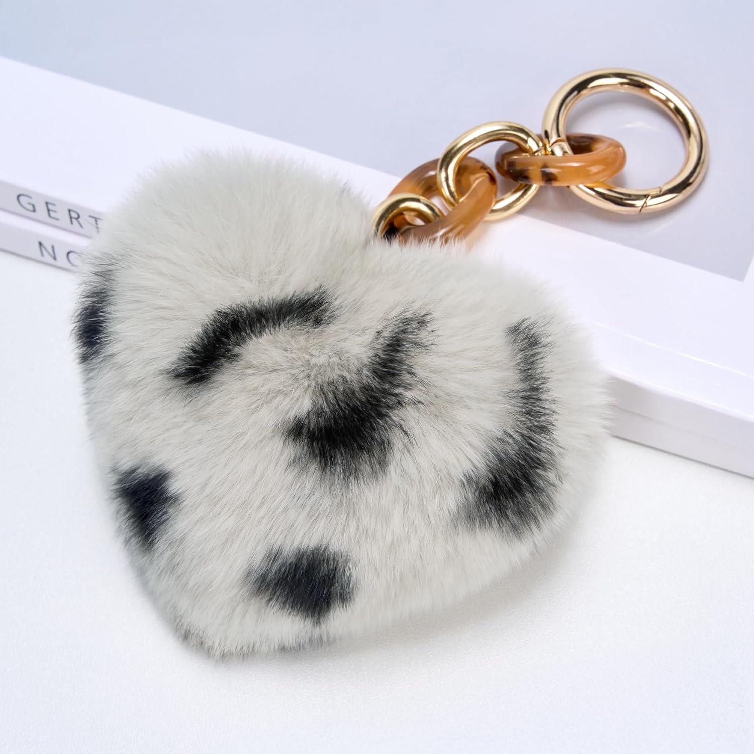 Stelle Pom Pom Keychain Rabbit Fur Bag Charms Fluffy Cute Keychains Purse Backpack Accessories Gifts for Girls/Women(White Cheetah-heart)