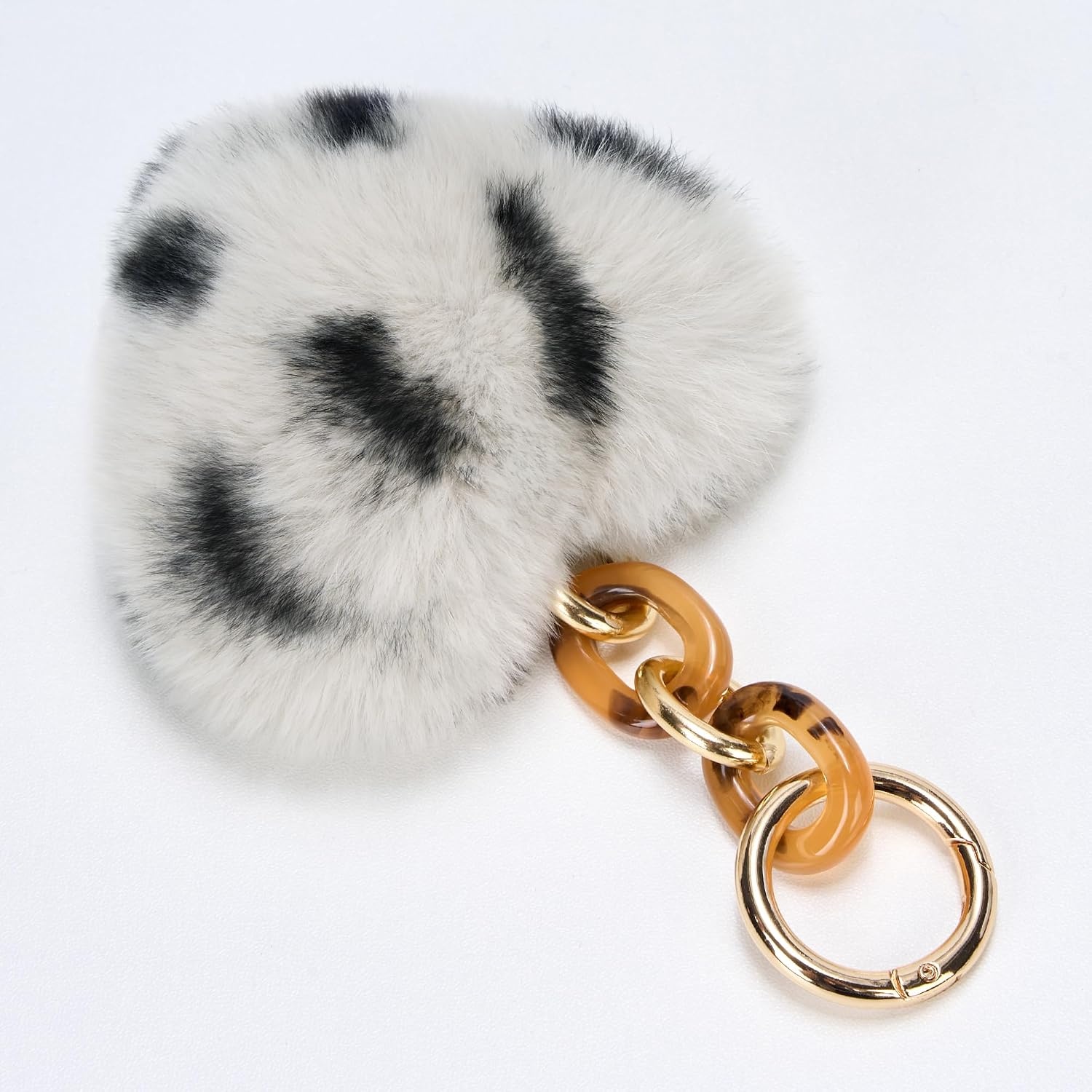 Stelle Pom Pom Keychain Rabbit Fur Bag Charms Fluffy Cute Keychains Purse Backpack Accessories Gifts for Girls/Women(White Cheetah-heart)