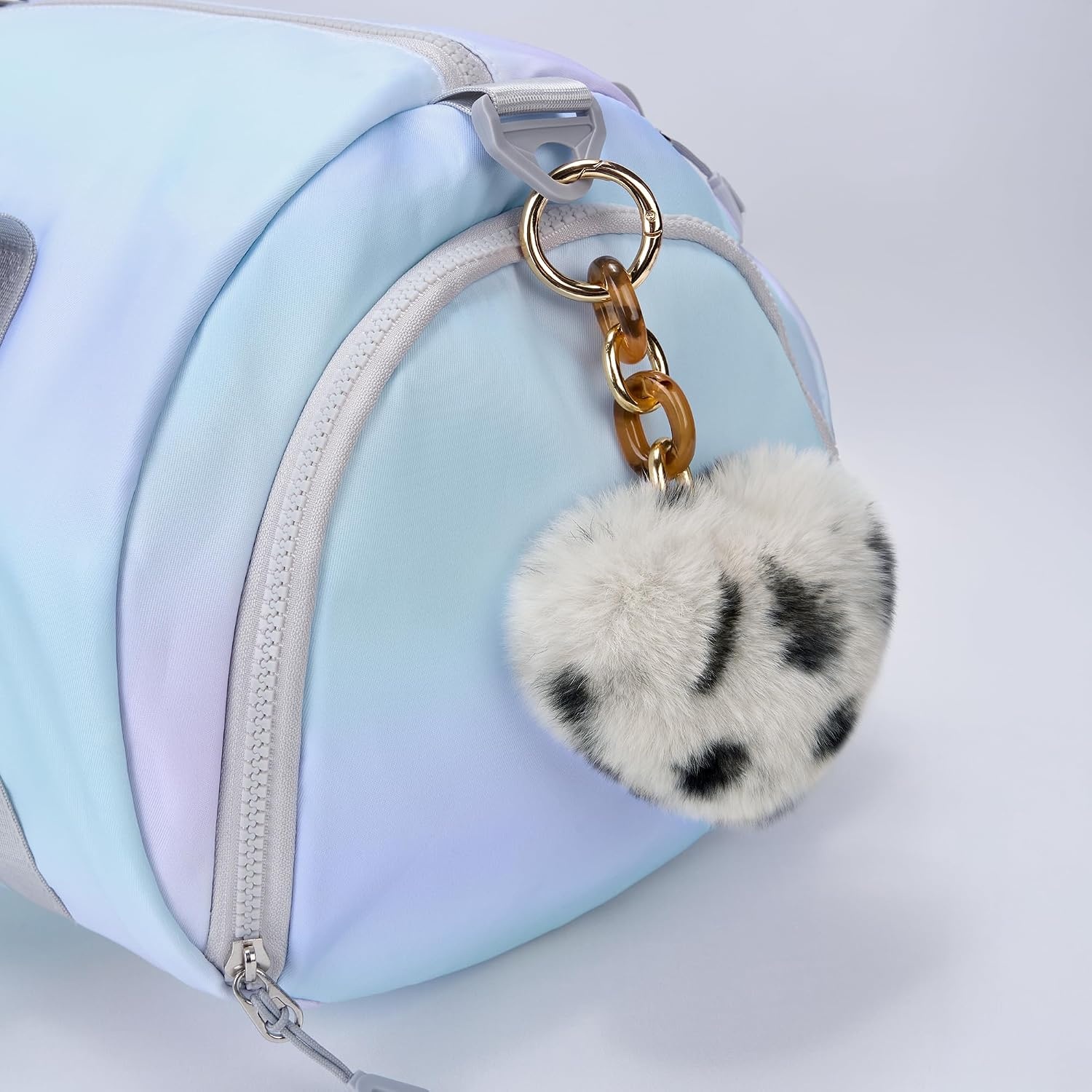 Stelle Pom Pom Keychain Rabbit Fur Bag Charms Fluffy Cute Keychains Purse Backpack Accessories Gifts for Girls/Women(White Cheetah-heart)
