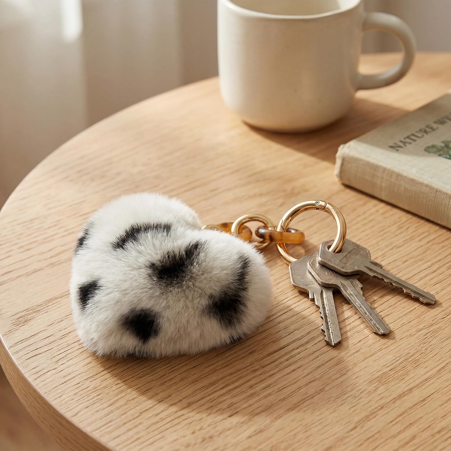 Stelle Pom Pom Keychain Rabbit Fur Bag Charms Fluffy Cute Keychains Purse Backpack Accessories Gifts for Girls/Women(White Cheetah-heart)