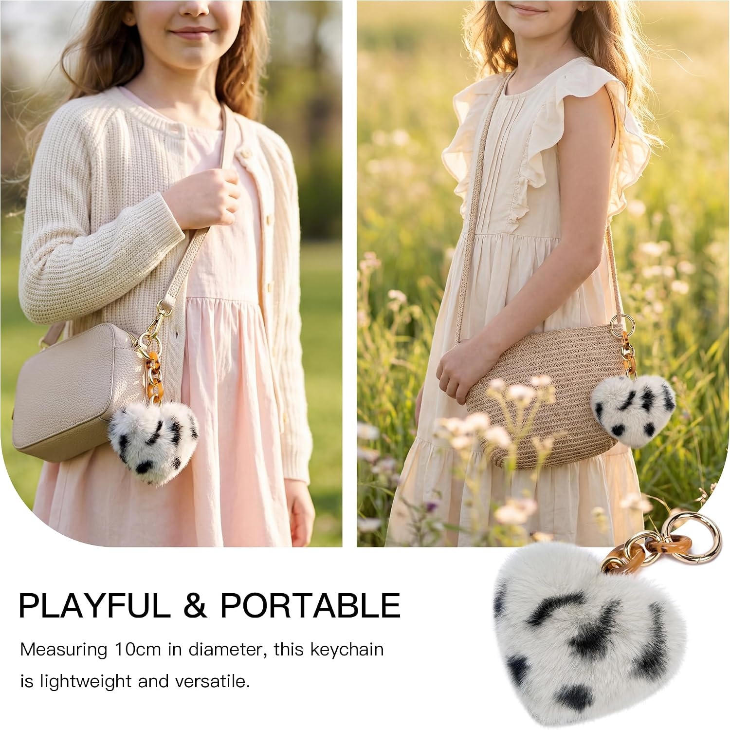 Stelle Pom Pom Keychain Rabbit Fur Bag Charms Fluffy Cute Keychains Purse Backpack Accessories Gifts for Girls/Women(White Cheetah-heart)