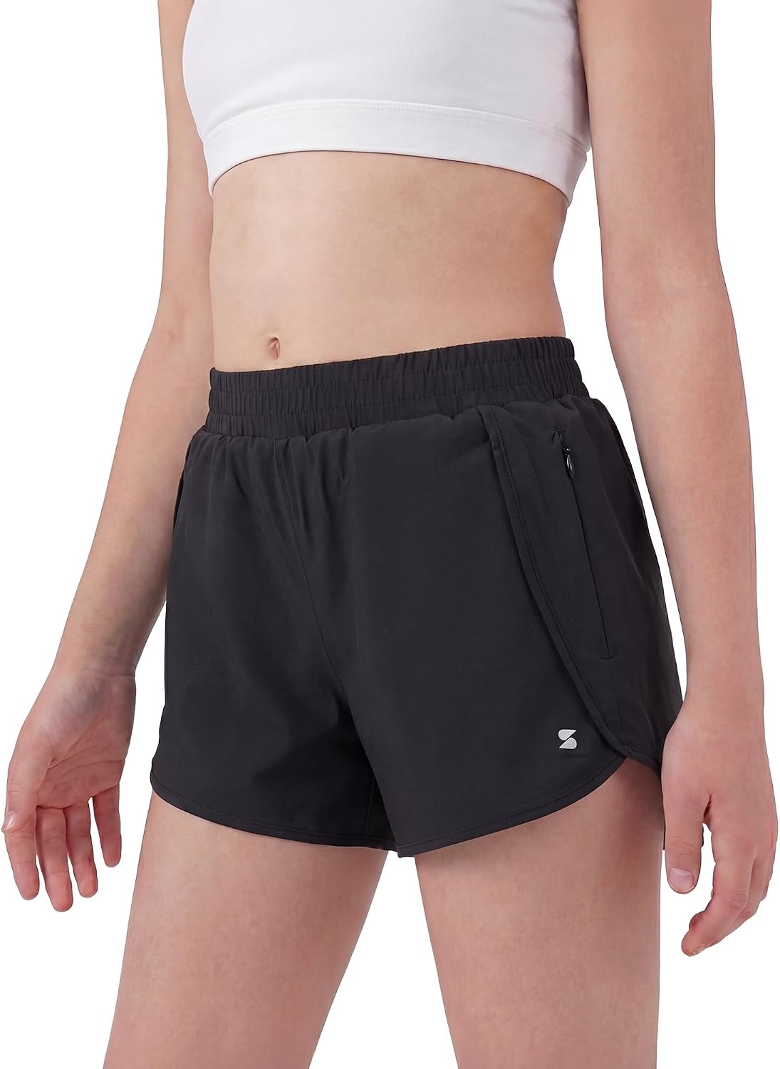 Stelle Girl Athletic Shorts with Zipper Pockets Elastic Waist Running Short(Black)