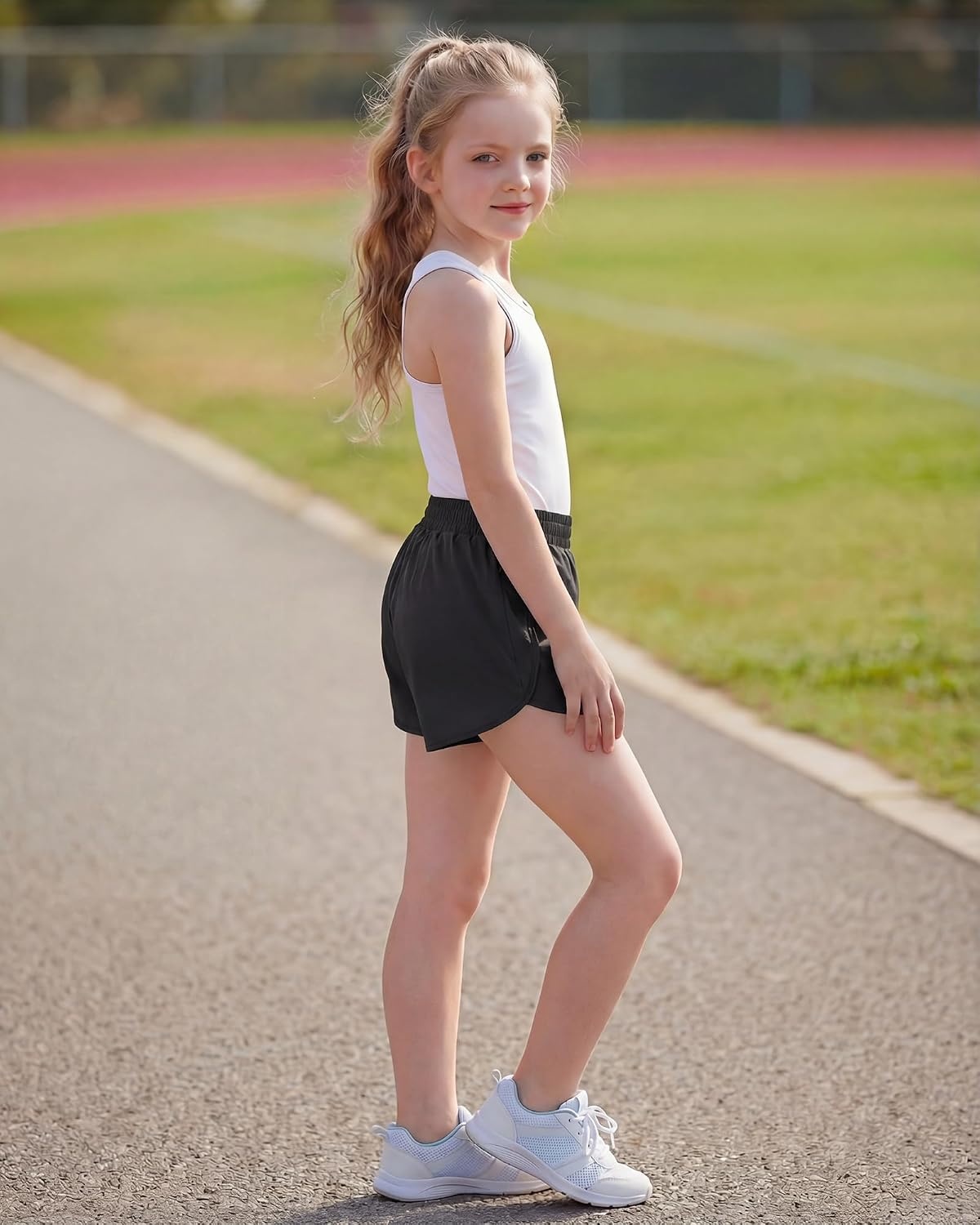 Stelle Girl Athletic Shorts with Zipper Pockets Elastic Waist Running Short(Black)