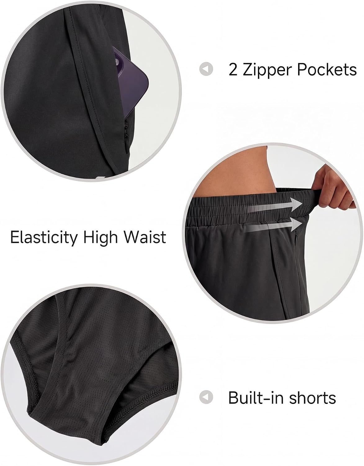 Stelle Girl Athletic Shorts with Zipper Pockets Elastic Waist Running Short(Black)