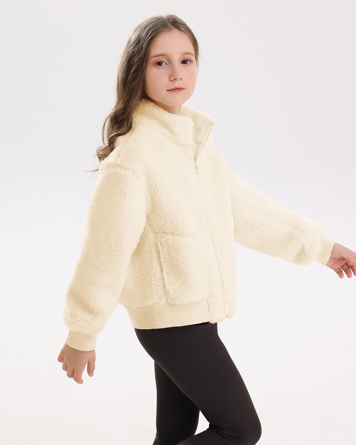 Stelle Girls Sherpa Jacket Fleece Coat Full Zip Outerwear with Pockets(Creme)