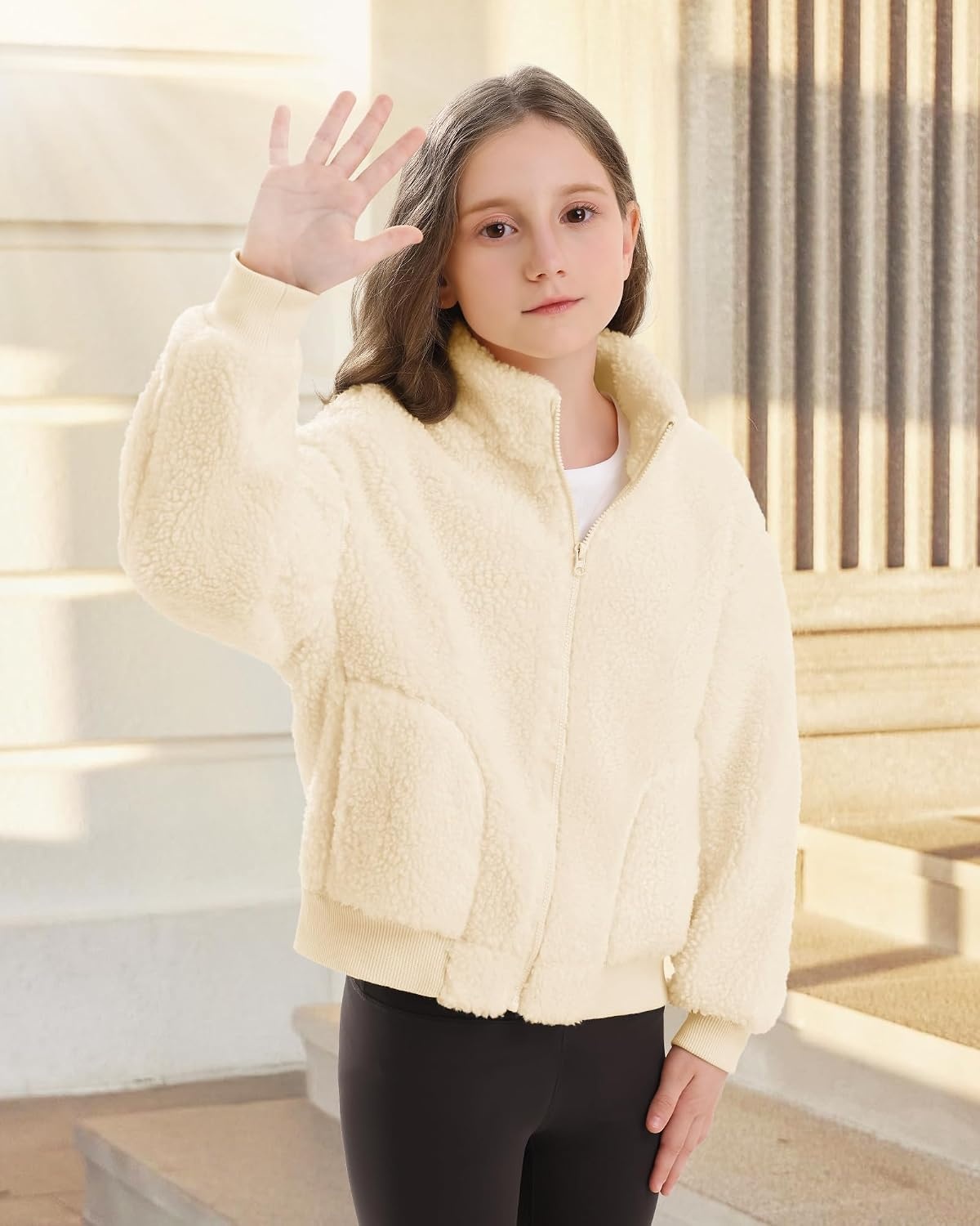 Stelle Girls Sherpa Jacket Fleece Coat Full Zip Outerwear with Pockets(Creme)