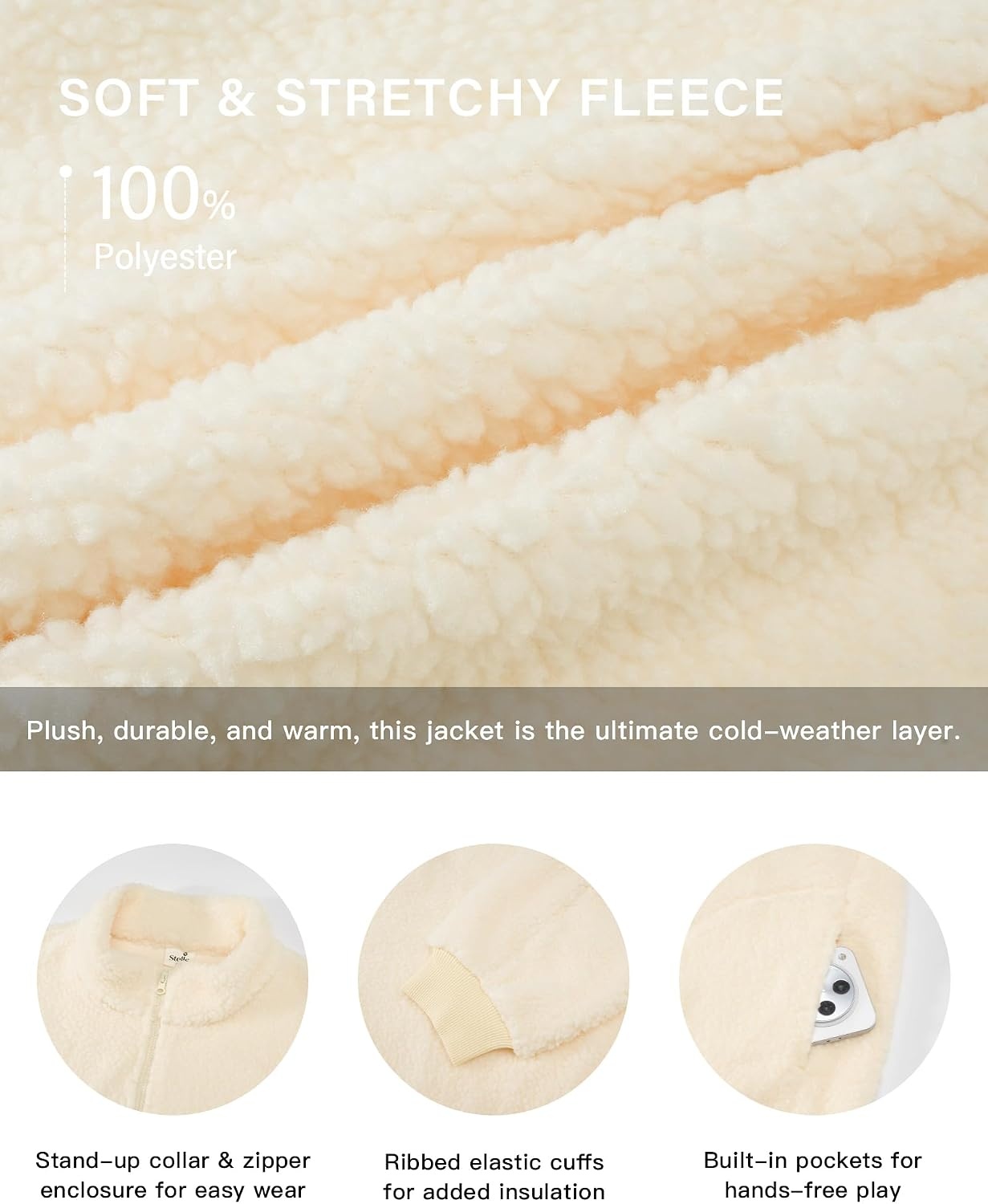 Stelle Girls Sherpa Jacket Fleece Coat Full Zip Outerwear with Pockets(Creme)