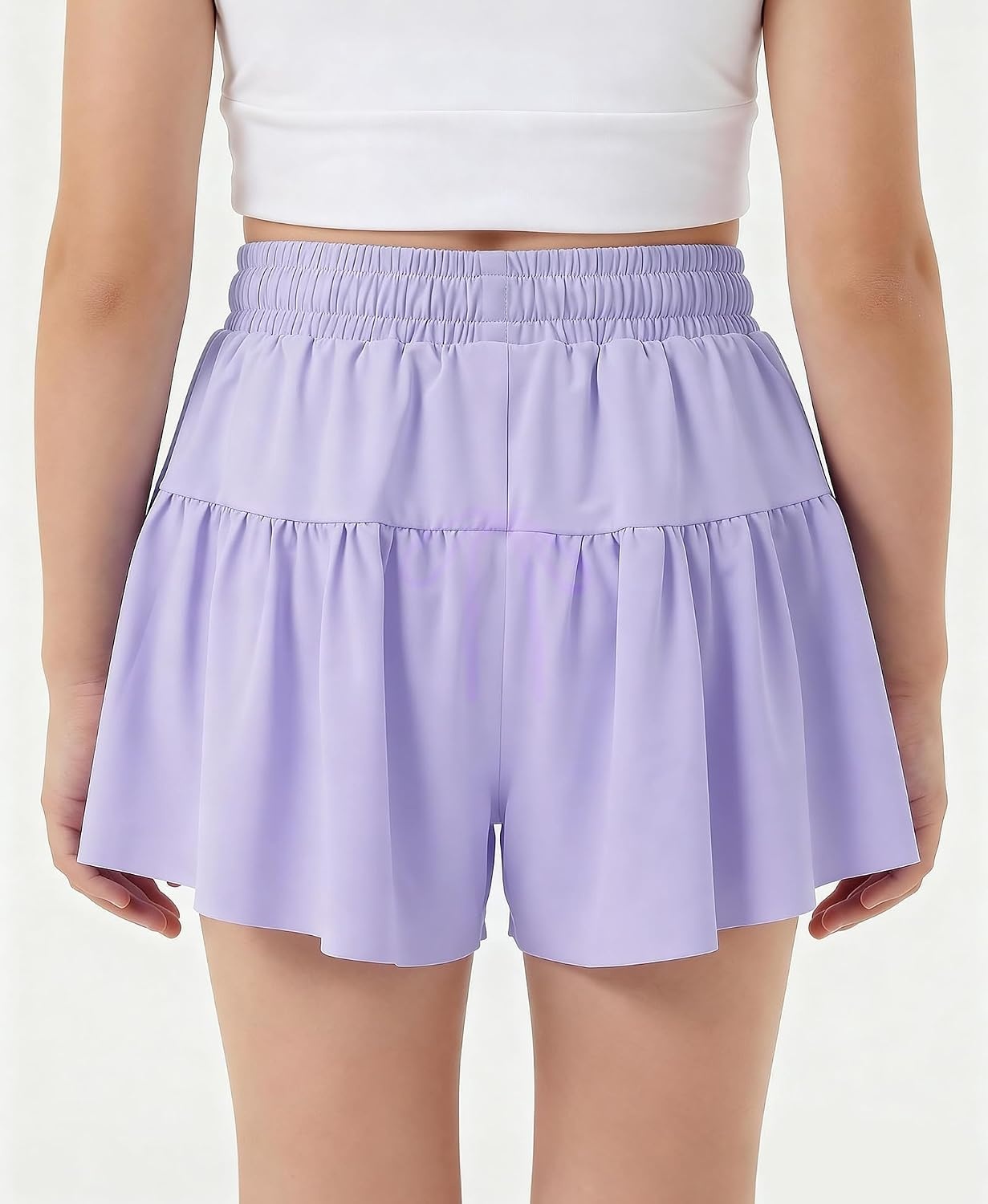 Stelle Girls 2 in 1 Butterfly Shorts Flowy Athletic Shorts with Pocket | Flowy Butterfly Layer, Built-In Shorts, Hidden Side Pockets, Running, Dance, Cheer, Tennis, Sports, Everyday Wear(Lavender)