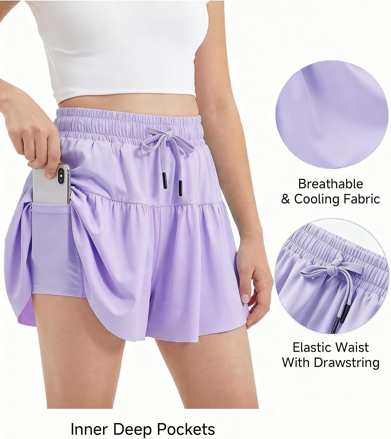 Stelle Girls 2 in 1 Butterfly Shorts Flowy Athletic Shorts with Pocket | Flowy Butterfly Layer, Built-In Shorts, Hidden Side Pockets, Running, Dance, Cheer, Tennis, Sports, Everyday Wear(Lavender)