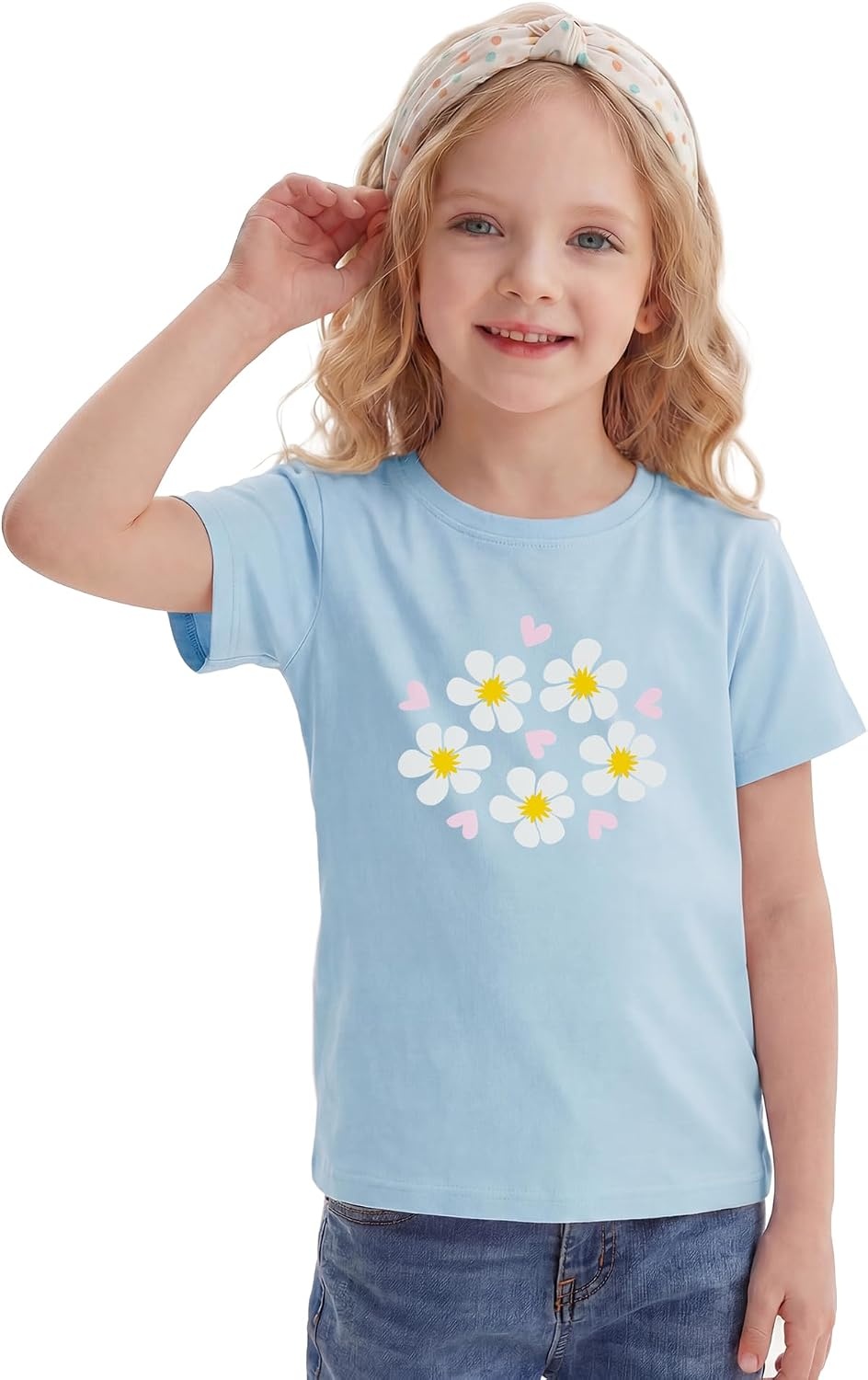 Stelle Girls Graphic T Shirt Cotton Crewneck Short Sleeve Casual Tee | Classic fit, Short sleeve, Soft cotton blend, Breathable, Stretch, Graphic print, School, Playdates, Vacation, Girls tshirt(White Bloom|blue)