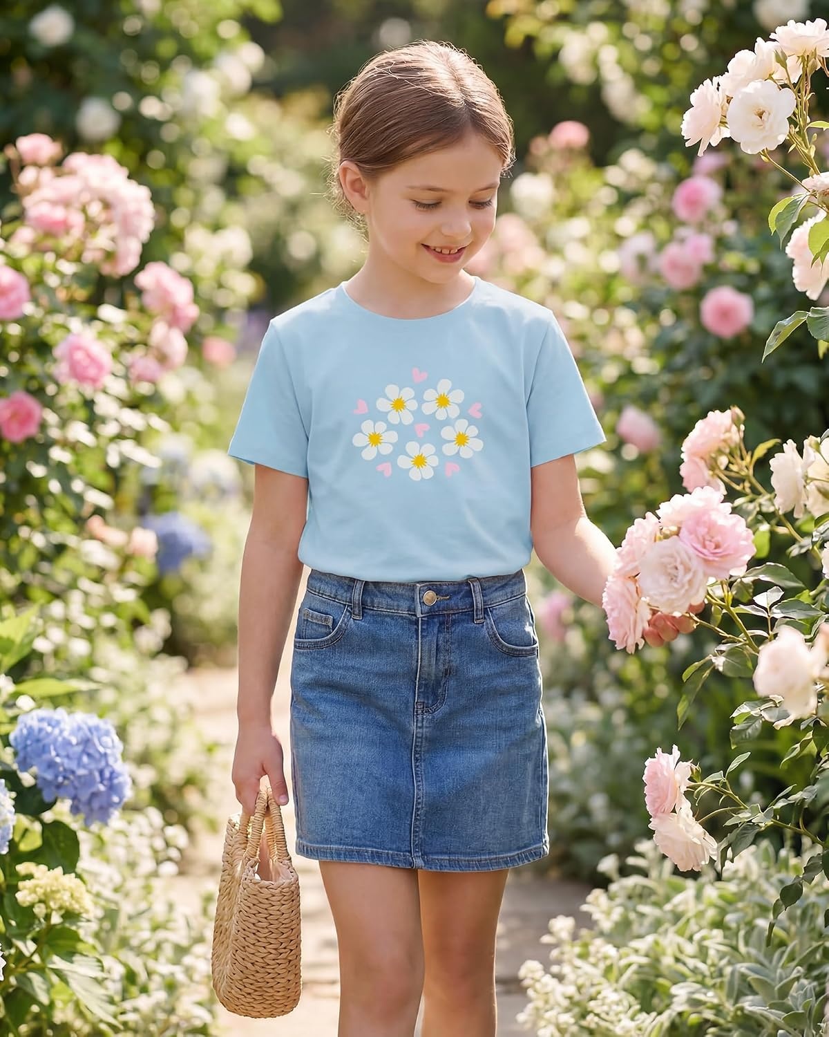 Stelle Girls Graphic T Shirt Cotton Crewneck Short Sleeve Casual Tee | Classic fit, Short sleeve, Soft cotton blend, Breathable, Stretch, Graphic print, School, Playdates, Vacation, Girls tshirt(White Bloom|blue)