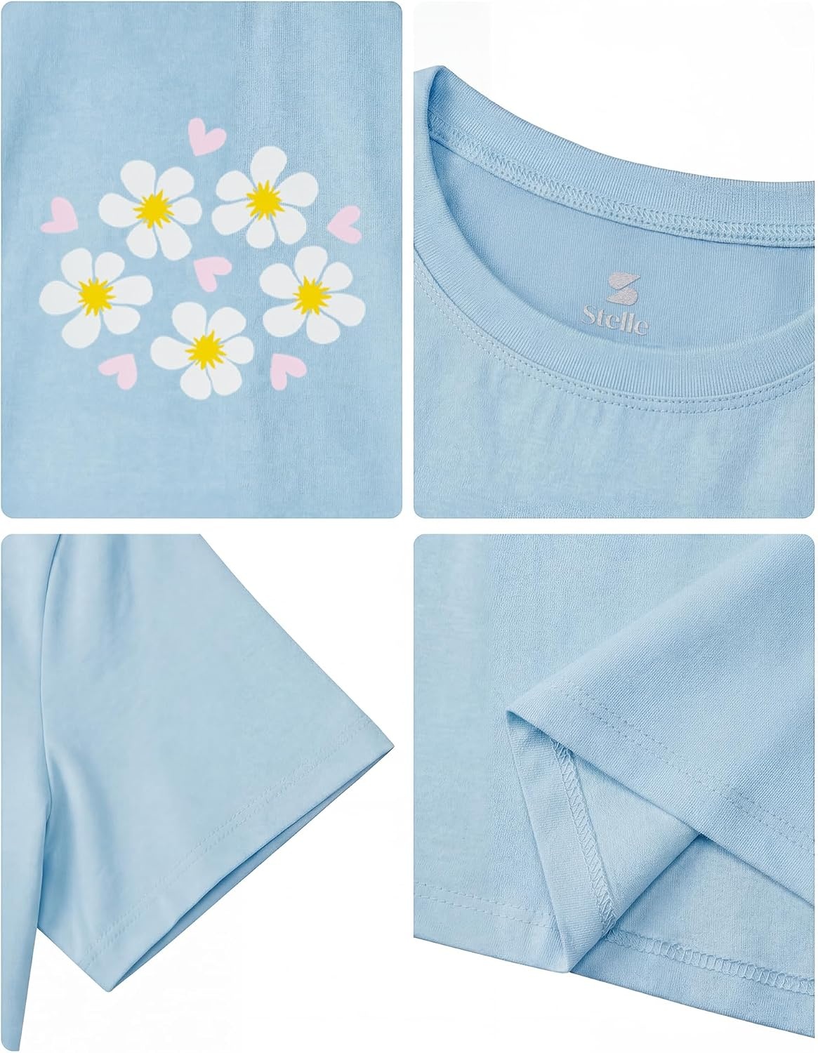 Stelle Girls Graphic T Shirt Cotton Crewneck Short Sleeve Casual Tee | Classic fit, Short sleeve, Soft cotton blend, Breathable, Stretch, Graphic print, School, Playdates, Vacation, Girls tshirt(White Bloom|blue)