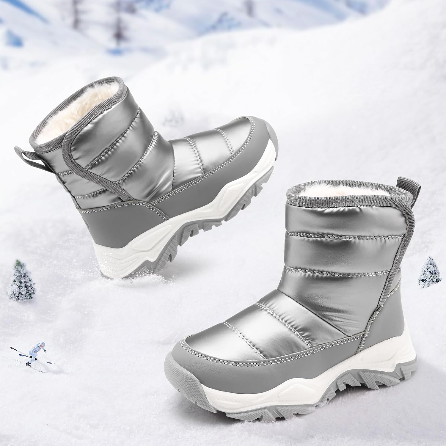 Stelle Toddler Snow Boots Girls Lightweight Warm Winter Shoes | Boys Outdoor Sport, Cold Weather, Water Repellent, Soft Faux Fur Lined, Non Slip, Mid Calf, Hook and Loop, Little & Big Kids(Grey)