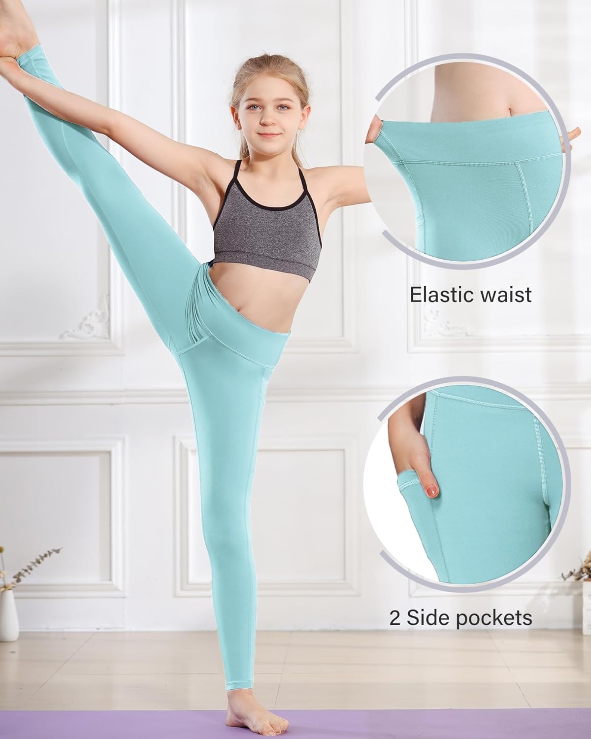 Stelle Girls’ Athletic Leggings Kids Dance Running Yoga Pants Workout Active Dance Tights with Pockets(Arctic Blue)