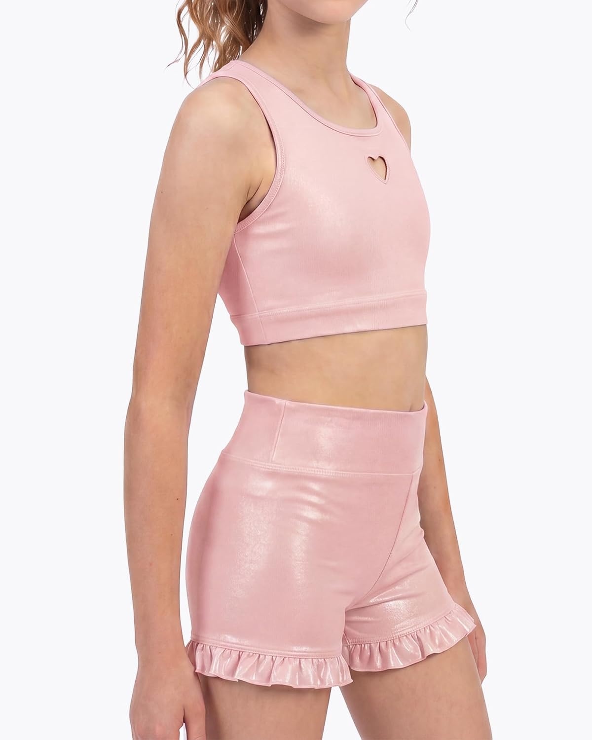 Stelle Girls Metallic Dance Tops Sparkly Crew Neck Crop Tank Tops Shiny Sleeveless Racerback Dancewear for Gymnastics(Pink)