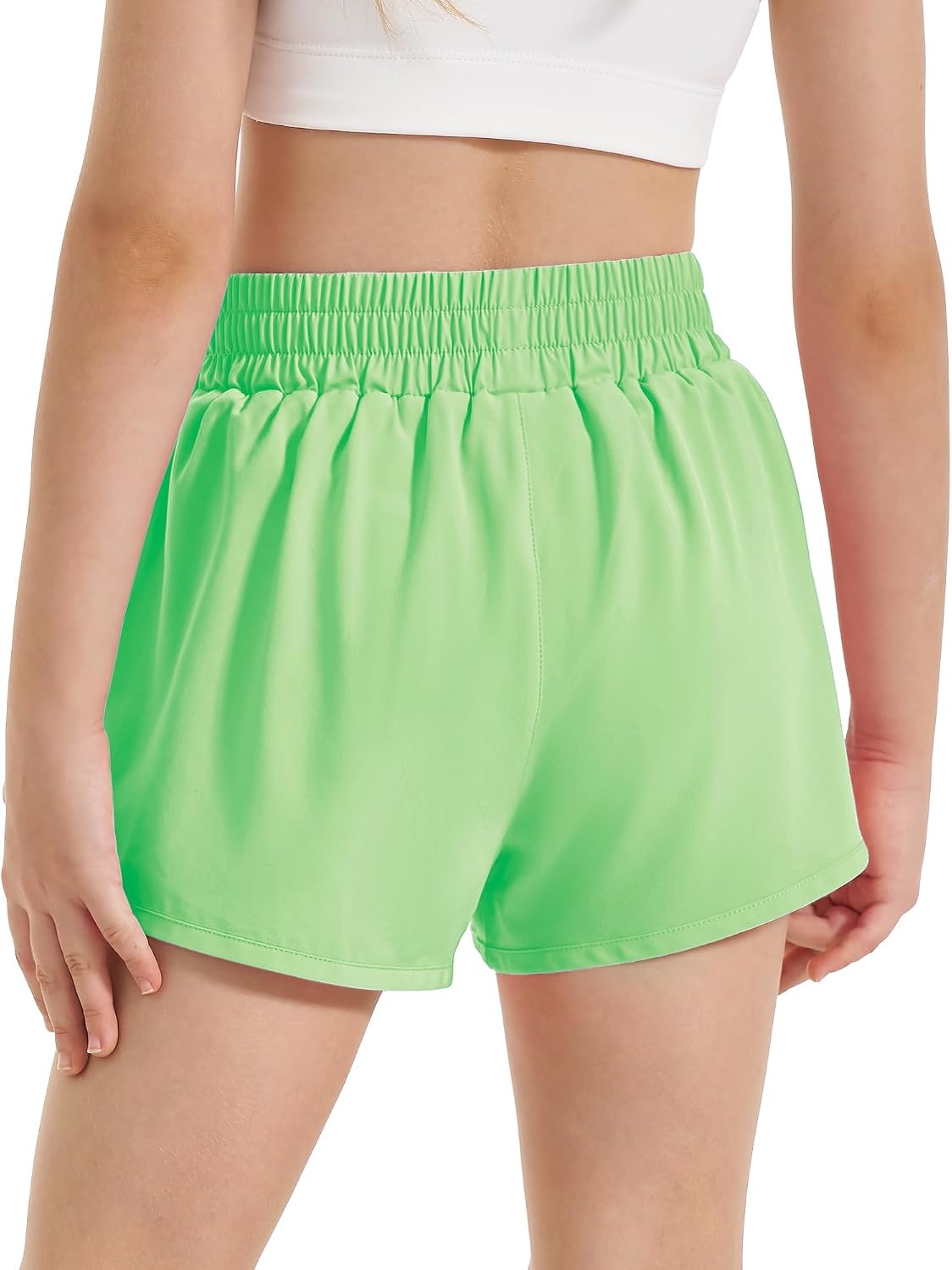 Stelle Girls Athletic Shorts with Built-in Liner Zipper Pockets High Elastic Waist Running Shorts for Teen Youth Girls(Neon Green)