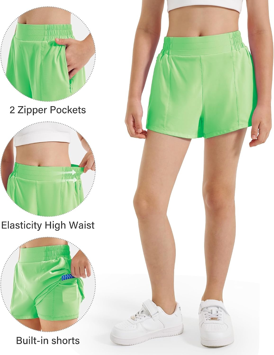 Stelle Girls Athletic Shorts with Built-in Liner Zipper Pockets High Elastic Waist Running Shorts for Teen Youth Girls(Neon Green)