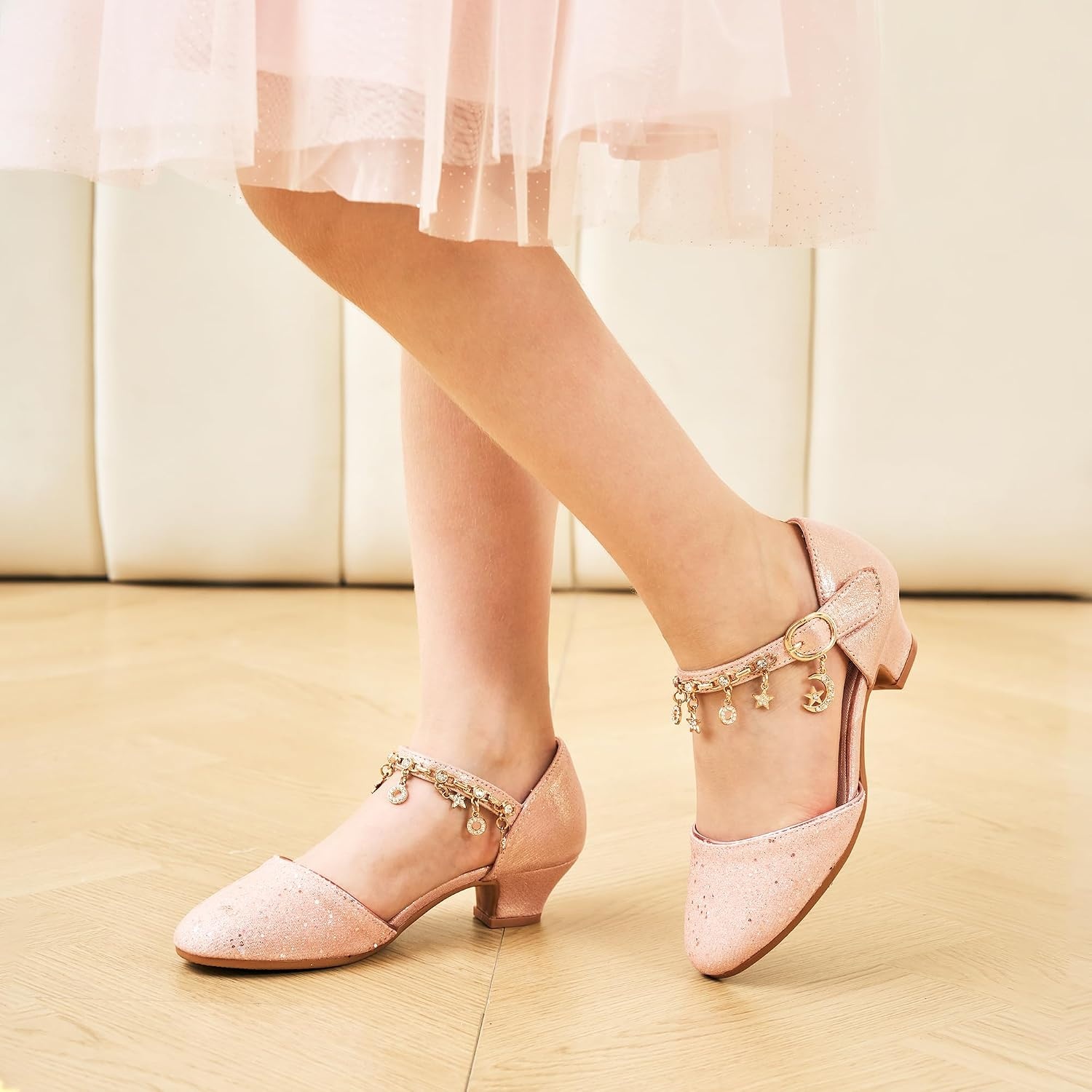 Stelle Girls Dress Shoes Low Heel Glitter Bow Party Wedding Flower School Shoes(Sparkle-pink)
