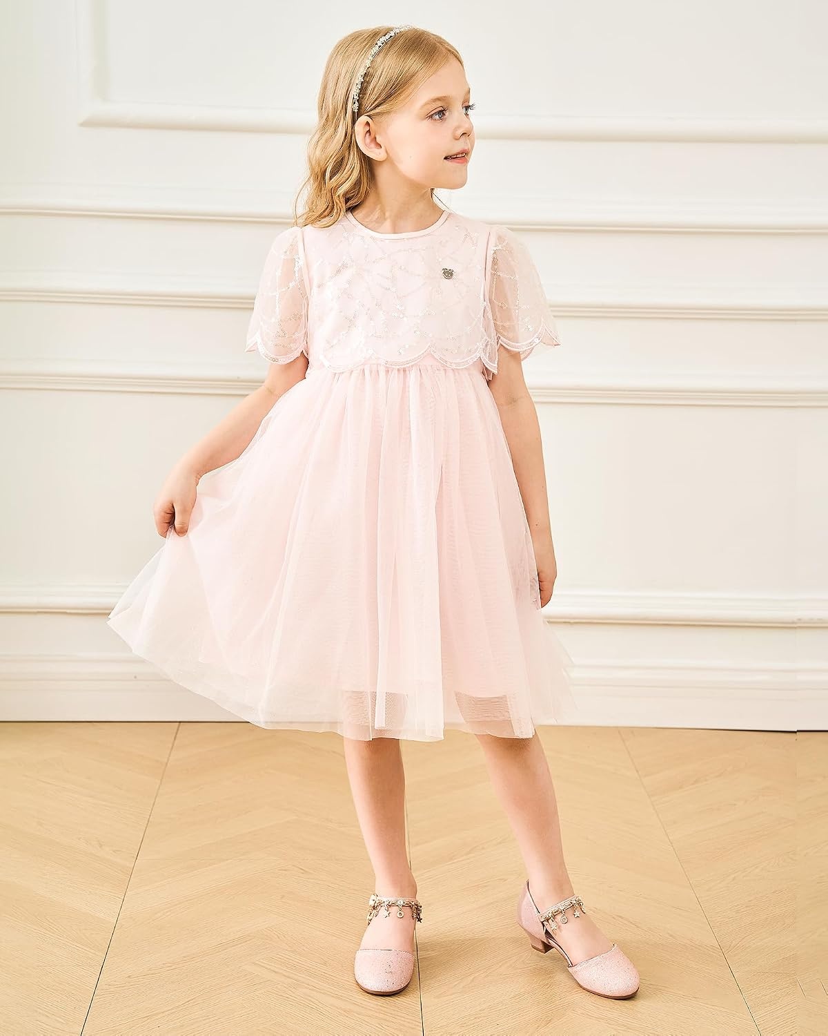 Stelle Girls Dress Shoes Low Heel Glitter Bow Party Wedding Flower School Shoes(Sparkle-pink)