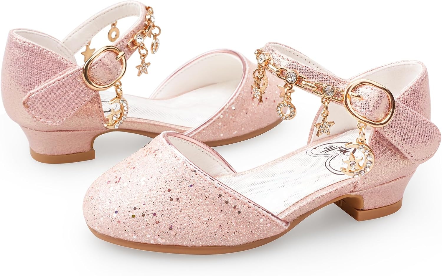 Stelle Girls Dress Shoes Low Heel Glitter Bow Party Wedding Flower School Shoes(Sparkle-pink)