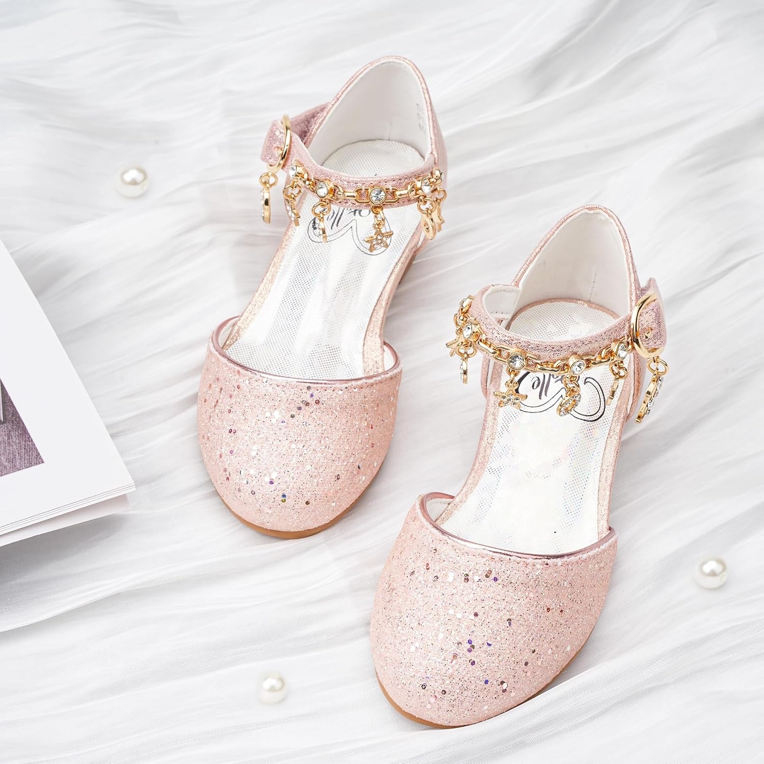 Stelle Girls Dress Shoes Low Heel Glitter Bow Party Wedding Flower School Shoes(Sparkle-pink)
