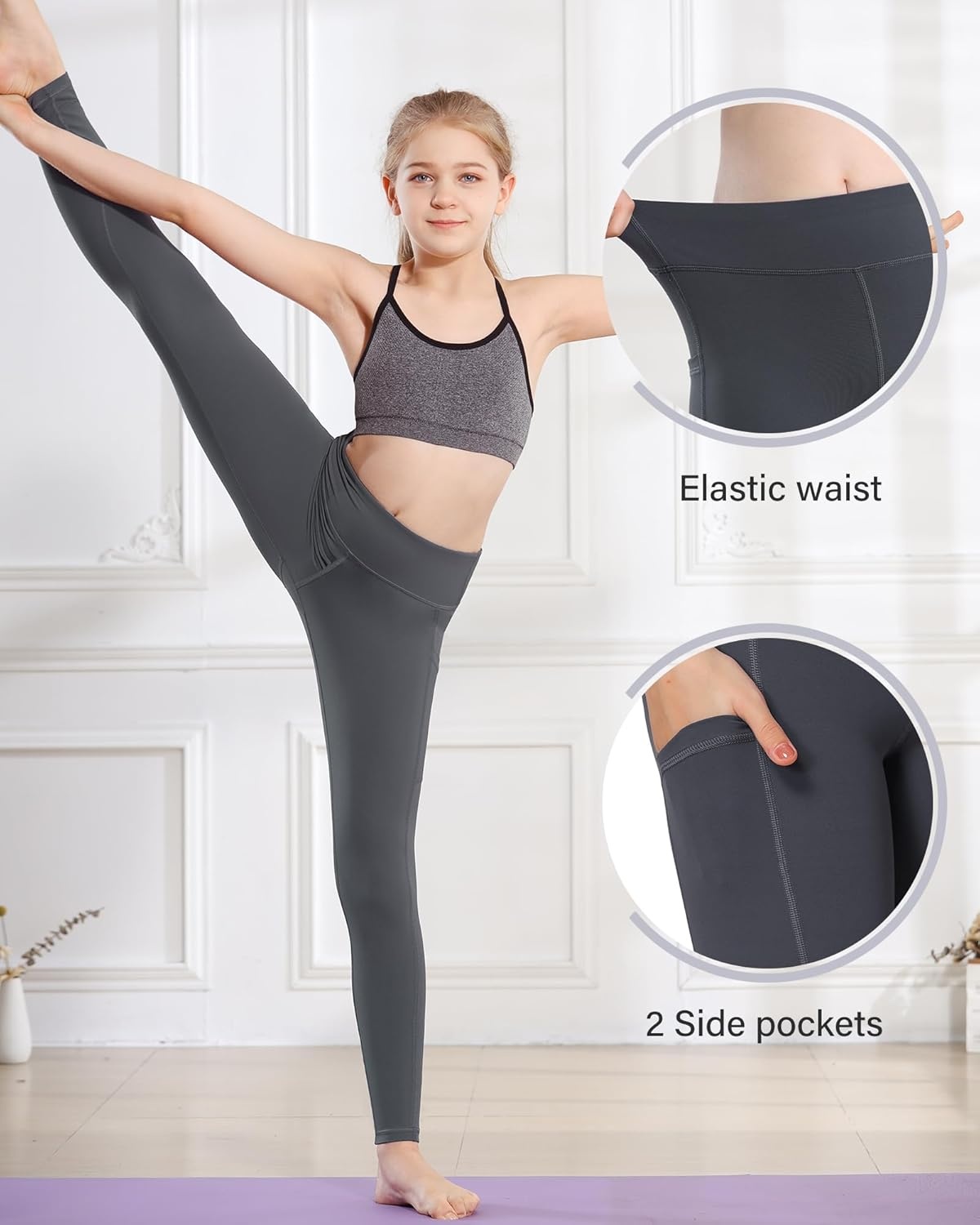 Stelle Girls’ Athletic Leggings Kids Dance Running Yoga Pants Workout Active Dance Tights with Pockets(Charcoal (2 Side Pocket))
