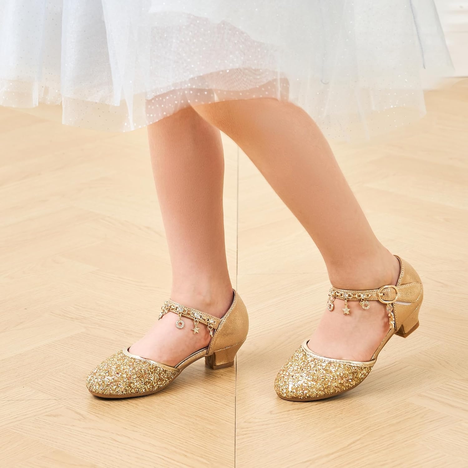 Stelle Girls Dress Shoes Low Heel Glitter Bow Party Wedding Flower School Shoes(Sparkle-gold)