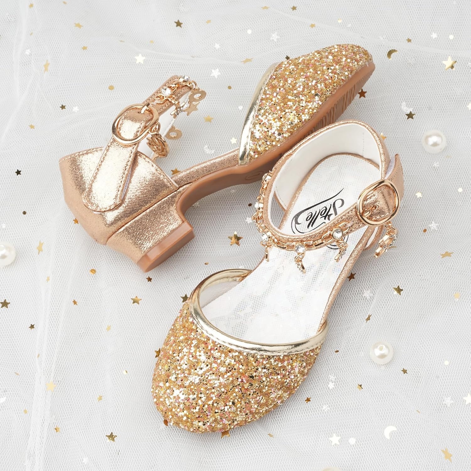 Stelle Girls Dress Shoes Low Heel Glitter Bow Party Wedding Flower School Shoes(Sparkle-gold)