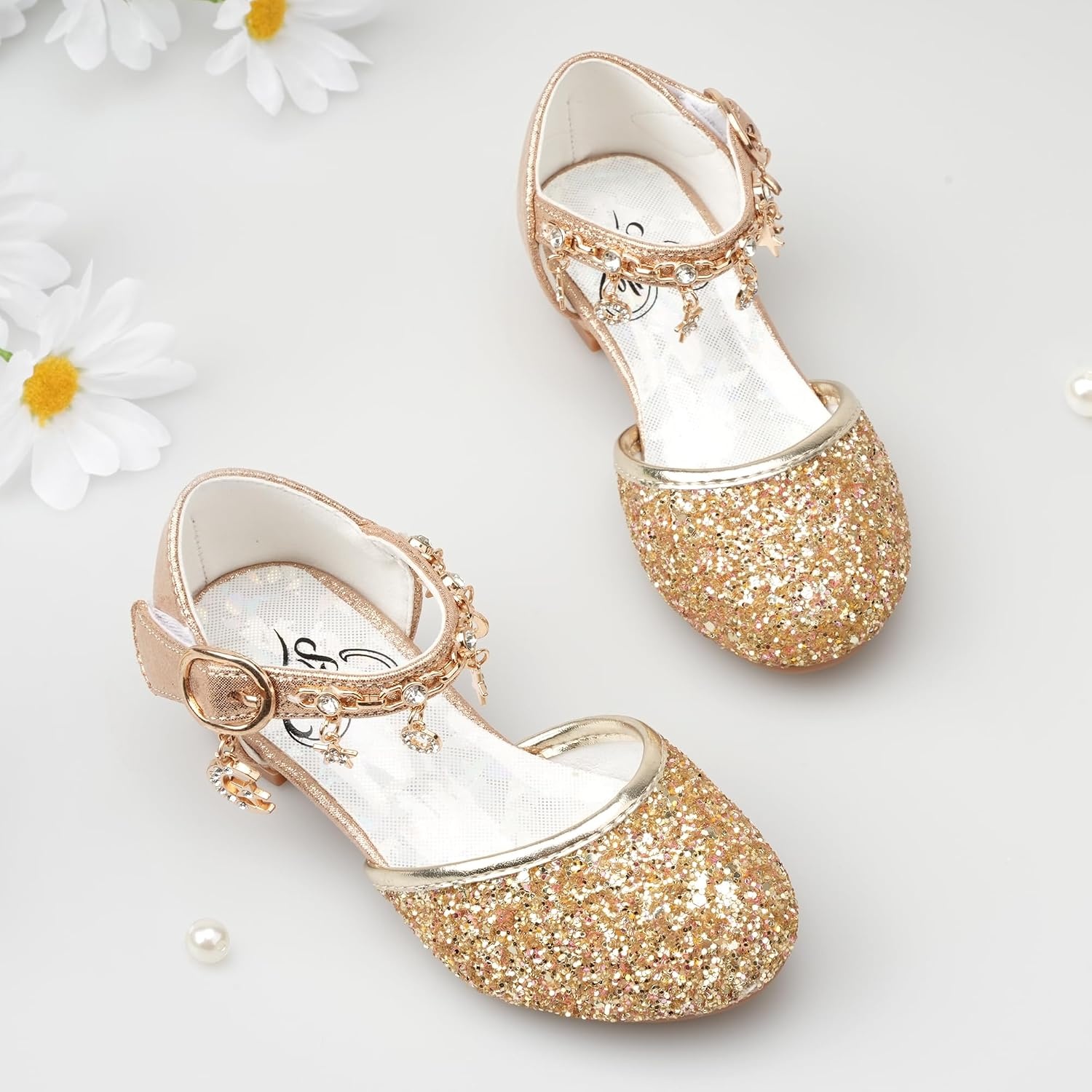Stelle Girls Dress Shoes Low Heel Glitter Bow Party Wedding Flower School Shoes(Sparkle-gold)