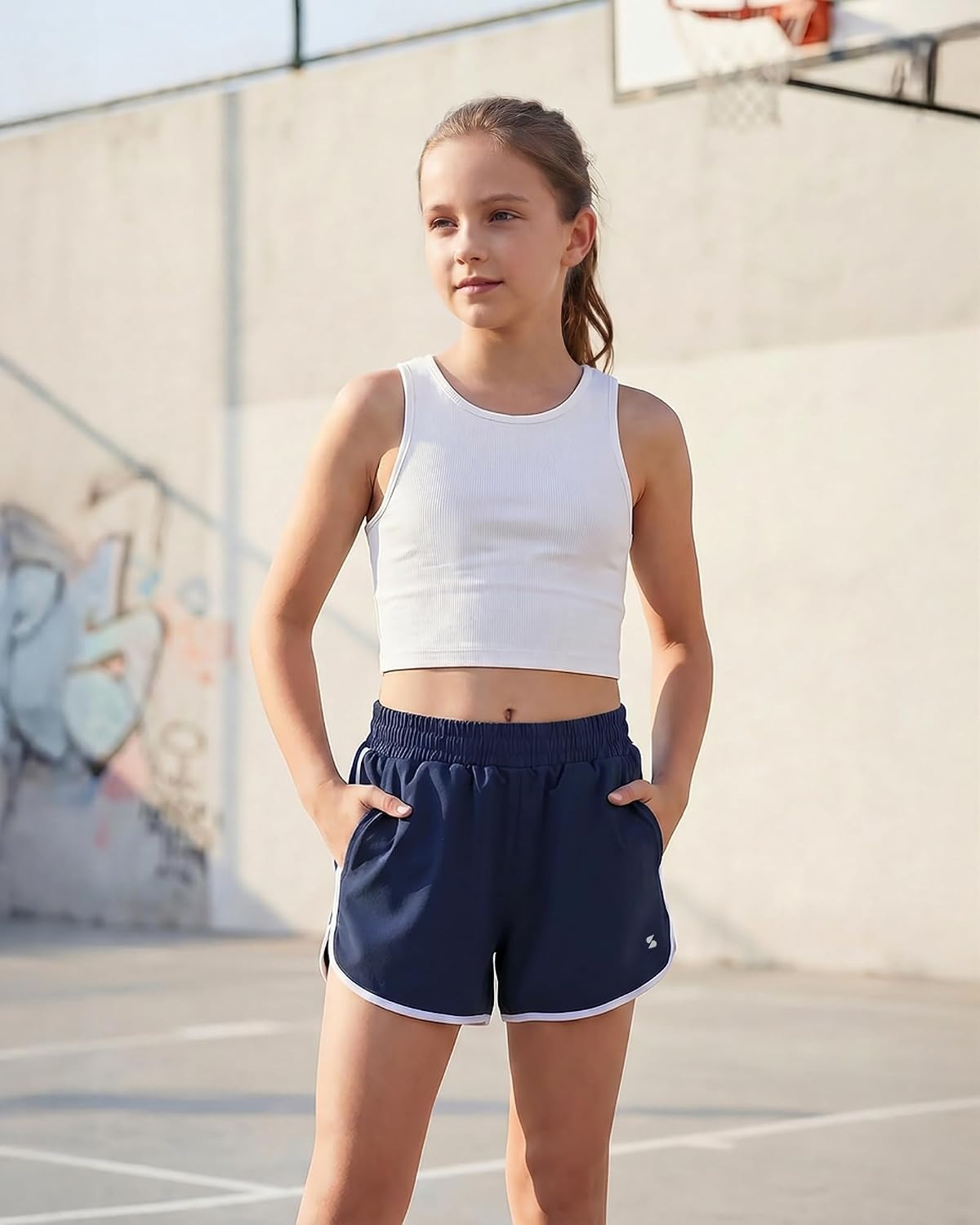 Stelle Girls Athletic Shorts with Pockets Quick Dry Running Shorts Gymnastics Basketball Short for Teen Kids(Navy)