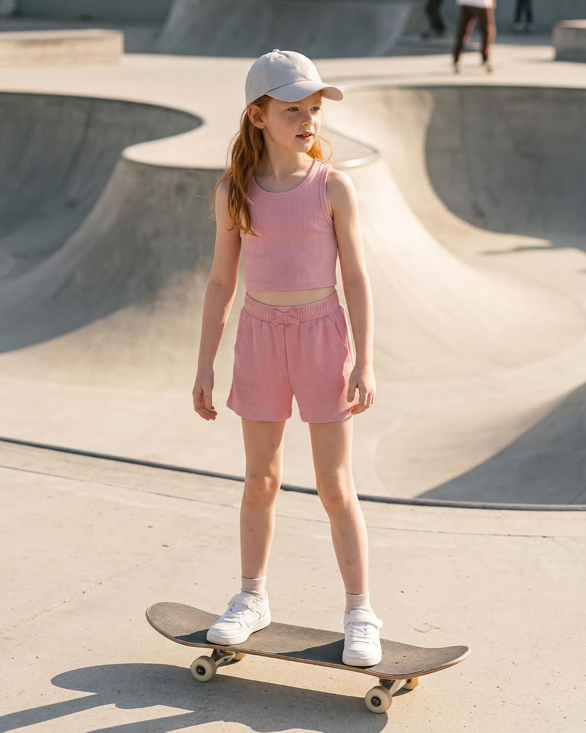 Stelle Girls 2 Piece Outfits Tank Top and Shorts with Pockets 5-15 Years | Girls Ribbed Tops,Crop Tops,Scoop Neck,Sleeveless Tops,Elastic Waist Shorts,Bow Waist,Side Pockets(Dusty Rose)