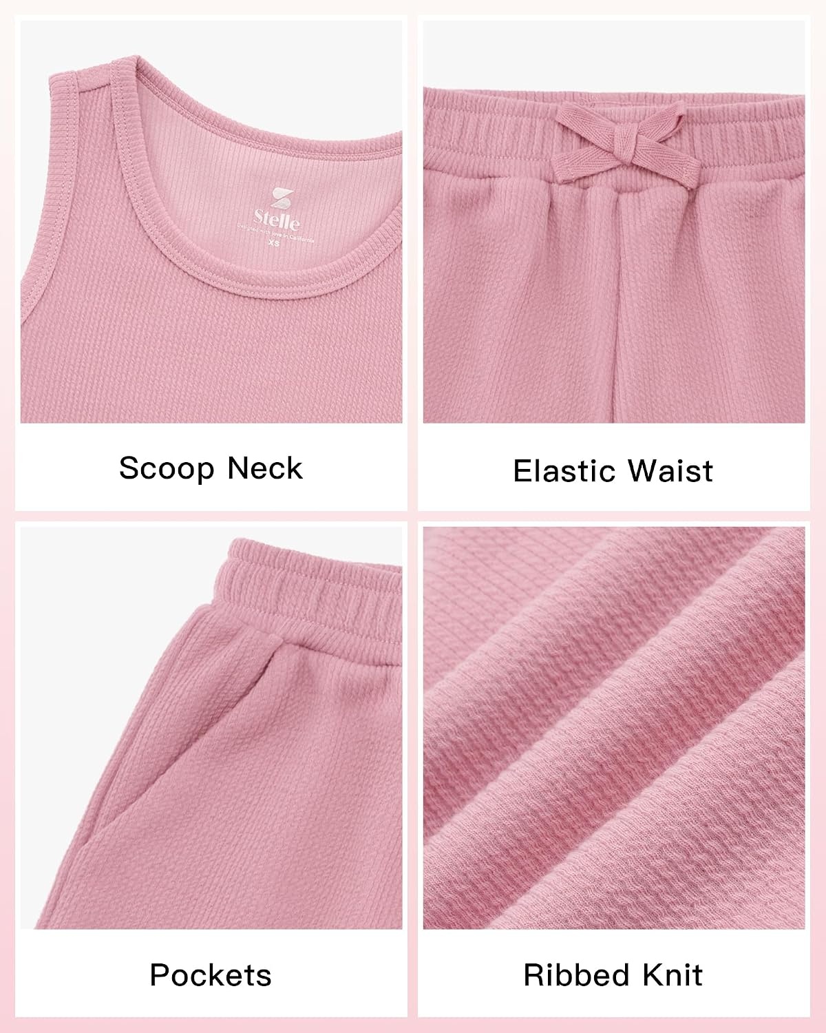 Stelle Girls 2 Piece Outfits Tank Top and Shorts with Pockets 5-15 Years | Girls Ribbed Tops,Crop Tops,Scoop Neck,Sleeveless Tops,Elastic Waist Shorts,Bow Waist,Side Pockets(Dusty Rose)