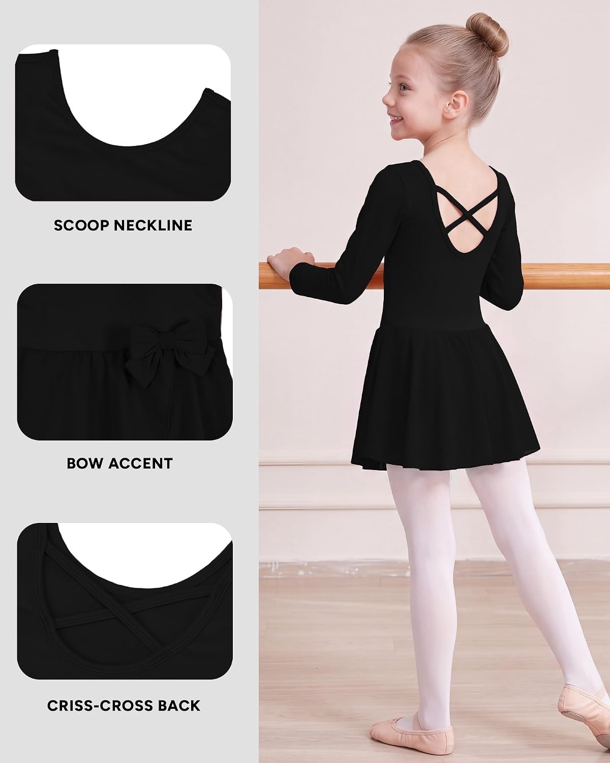 Stelle Ballet Leotards for Girls Long Sleeve Toddler Gymnastics Outfits(Black)