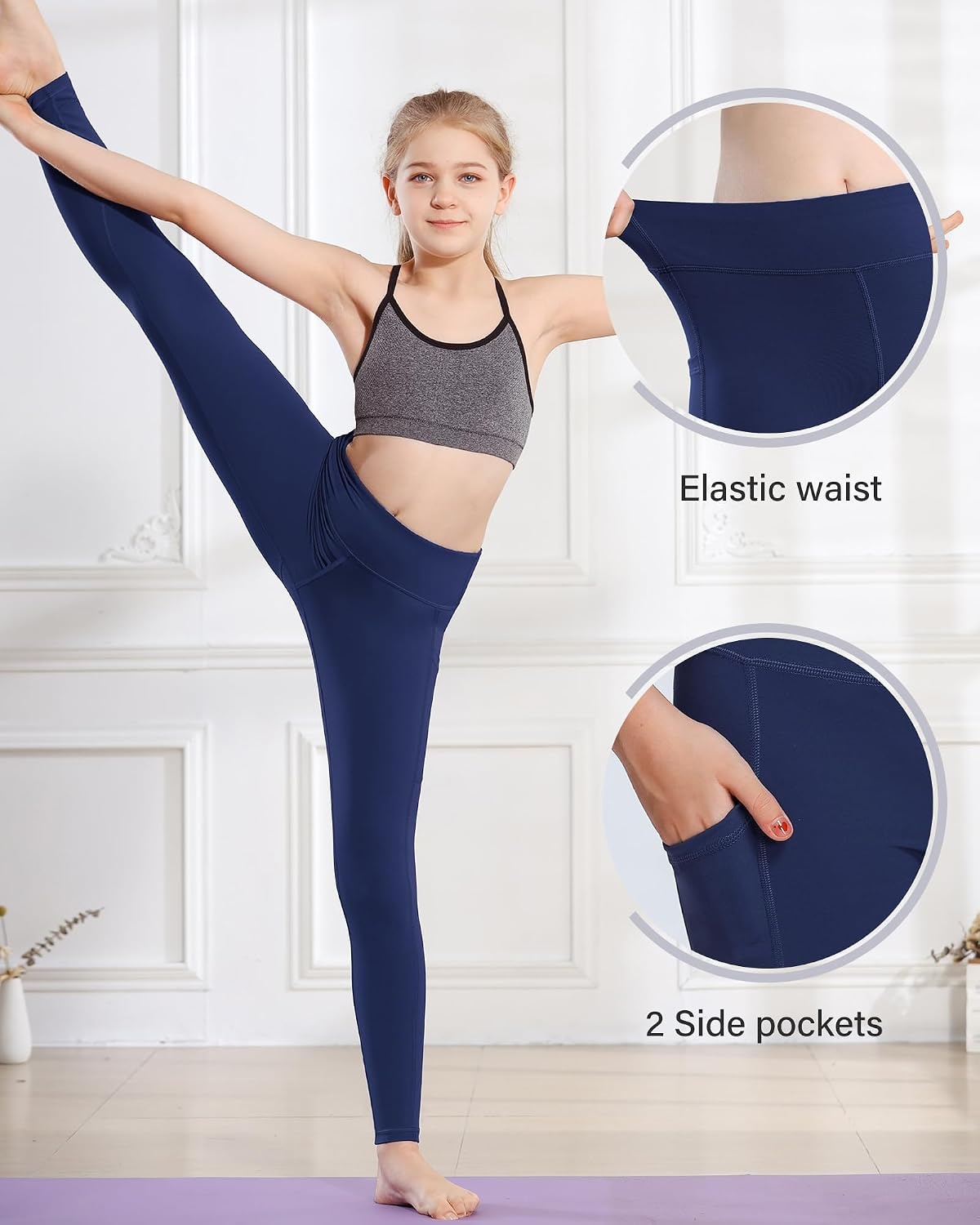 Stelle Girls Leggings with Pockets Kids Dance Yoga Running Athletic Pants(Midnight Blue)