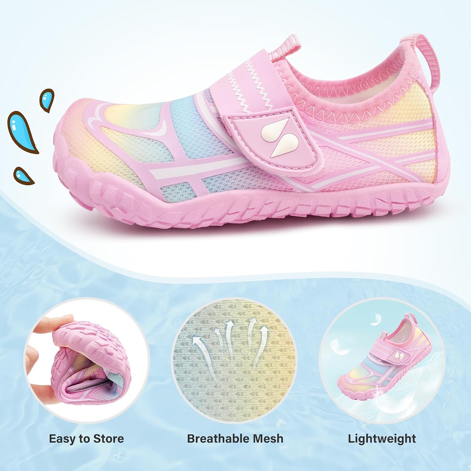 Stelle Kids Water Shoes Wide Toe Box Quick Dry Barefoot | Non-Slip Aqua Shoes with Breathable Mesh Upper for Beach, Swim, Pool and Outdoor Play. Fits Toddler to Big Kids.(Rainbow Pink)
