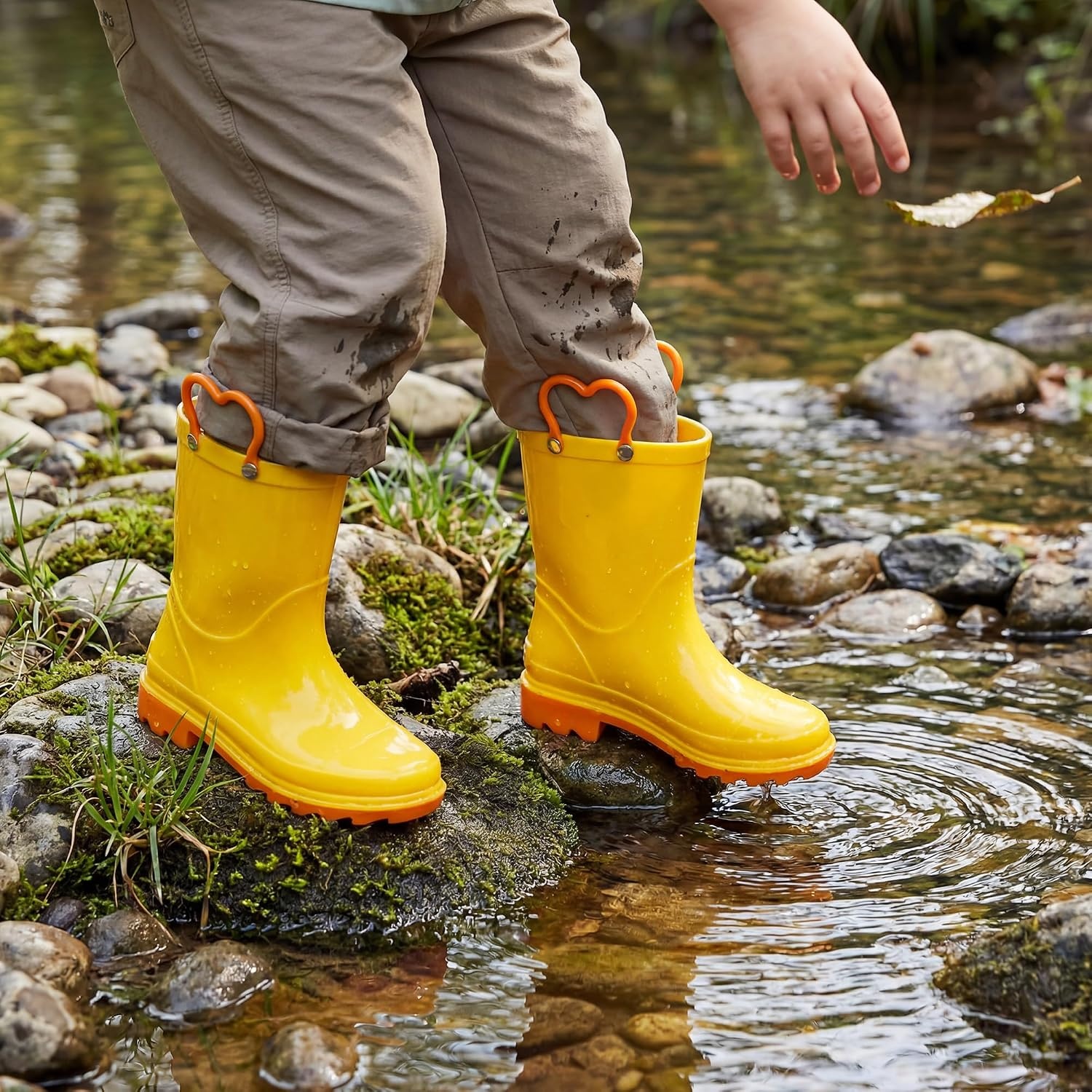 Stelle Toddler Rain Boots for Girls | Waterproof Flexible cozy Lightweight Easy-On Heart Handles Non-Slip sole Rain puddle play everyday wear Toddler to big kids(Yellow)
