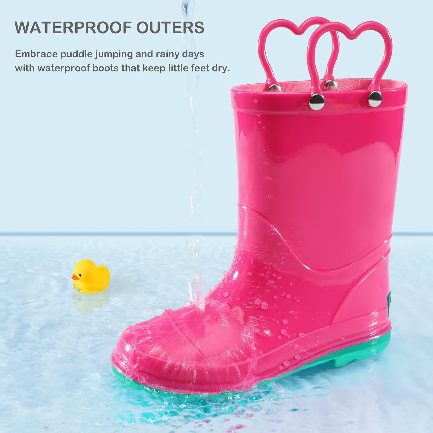 Stelle Girls Waterproof Rain Boots with Easy-On Handles | Girls & Boys Lightweight Cute Heart Handles Non-Slip Sole Rain Puddle Outdoor Play for Toddler to Kids(Fuchsia)