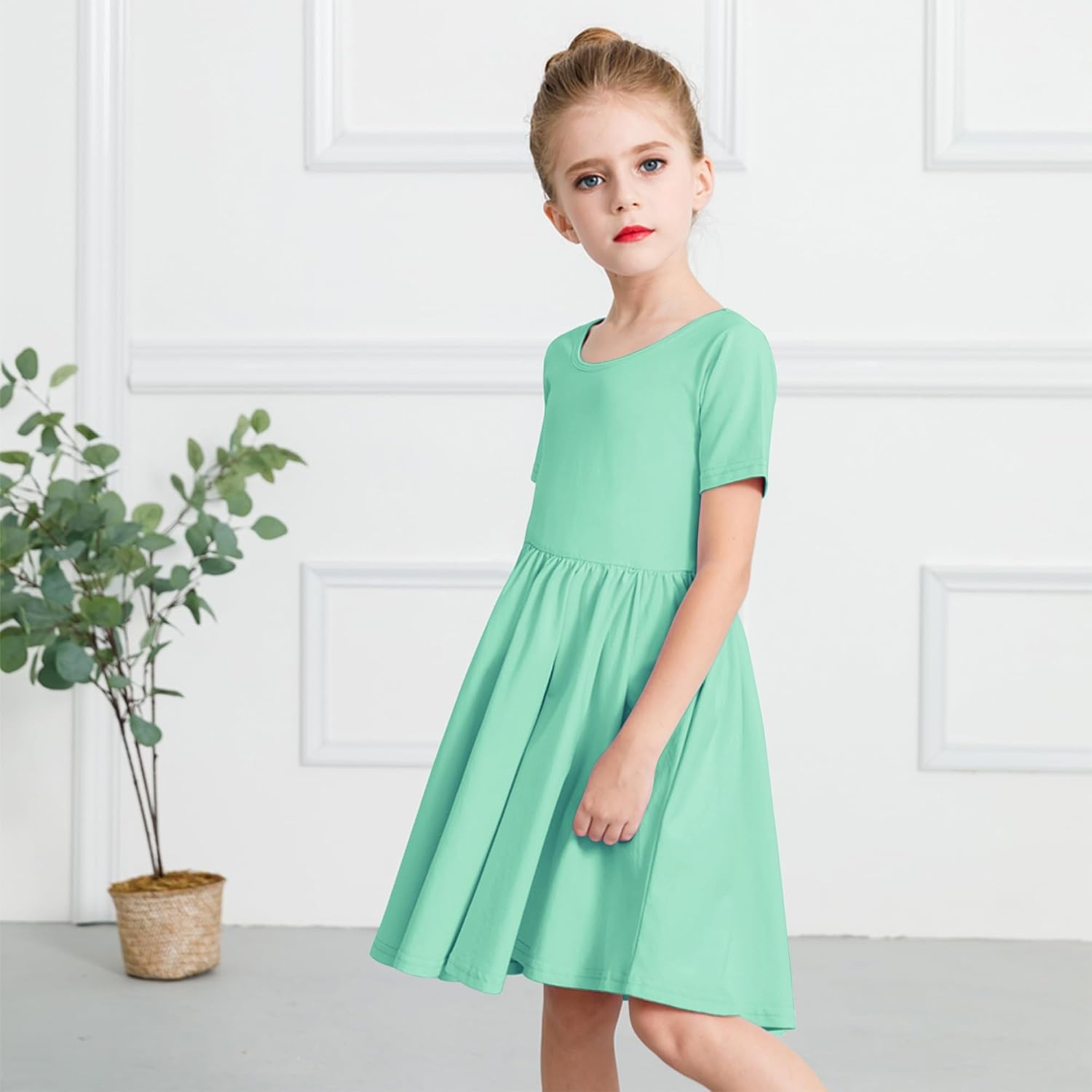 Stelle Girls Cotton Short Sleeve Twirl Skater Dress 3T-12Y(A02-mint Green (Without Pocket))