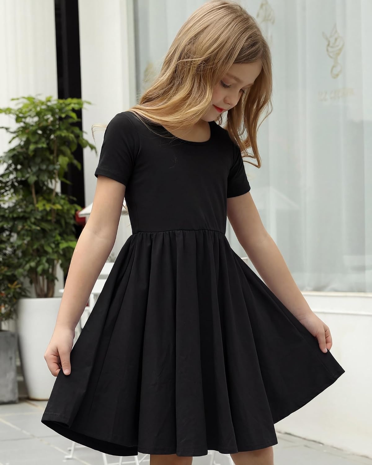Stelle Girls Cotton Short Sleeve Twirl Skater Dress 3T-12Y | Twirl-Friendly Skirt, A Line,Criss Cross Back,Dress for School,Dance,Playwear,Casual,Active,Soft Stretch Breathable Comfy(A02-black (Without Pocket))