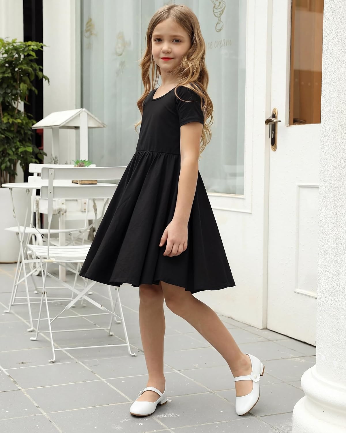 Stelle Girls Cotton Short Sleeve Twirl Skater Dress 3T-12Y | Twirl-Friendly Skirt, A Line,Criss Cross Back,Dress for School,Dance,Playwear,Casual,Active,Soft Stretch Breathable Comfy(A02-black (Without Pocket))