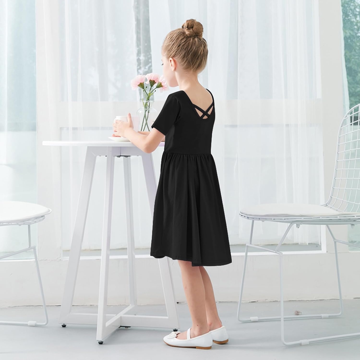 Stelle Girls Cotton Short Sleeve Twirl Skater Dress 3T-12Y | Twirl-Friendly Skirt, A Line,Criss Cross Back,Dress for School,Dance,Playwear,Casual,Active,Soft Stretch Breathable Comfy(A02-black (Without Pocket))